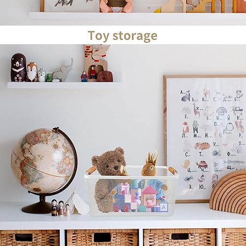 Miniatura 4 de Paquete de 2 cestas de acero de malla metálica con mango de bambú, cesta de metal de alambre para organización de cocina, contenedor organizador de