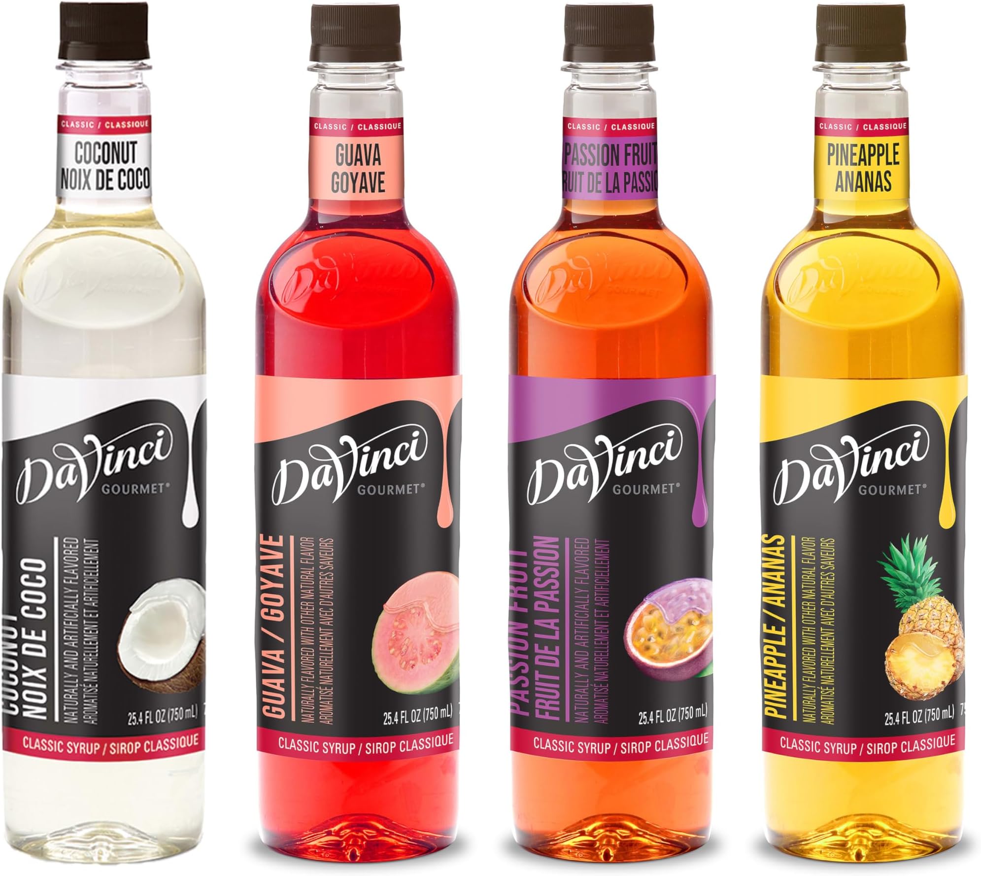 DaVinci Gourmet Classic Syrup, Tropical Flavor Variety Pack - Coconut, Guava, Passion Fruit, Pineapple (Pack of 4)