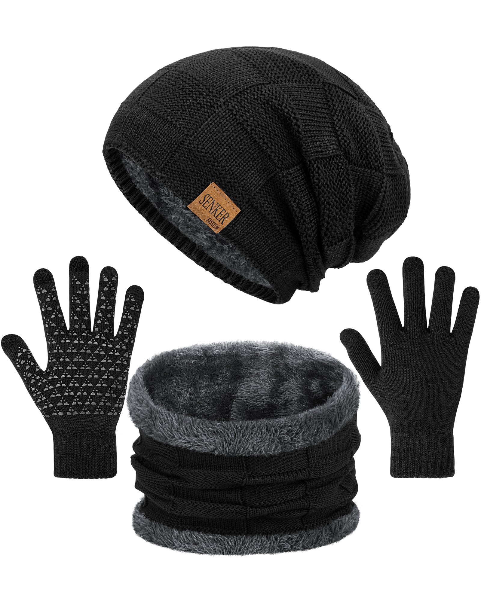 3 Pieces Winter Hat Scarf and Gloves Set for Men and Women, Knit Slouchy Beanie Cap&Neck Warmer&Screen-Touch Texting Gloves, E-black, One Size-image-46