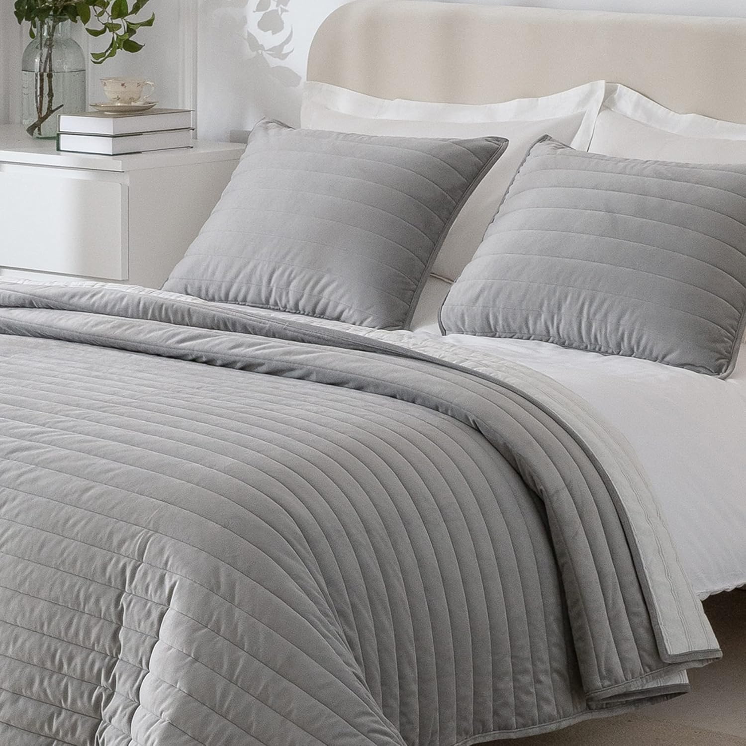 SHALALA Velvet Comforter King Size,Striped Quilted Bedding