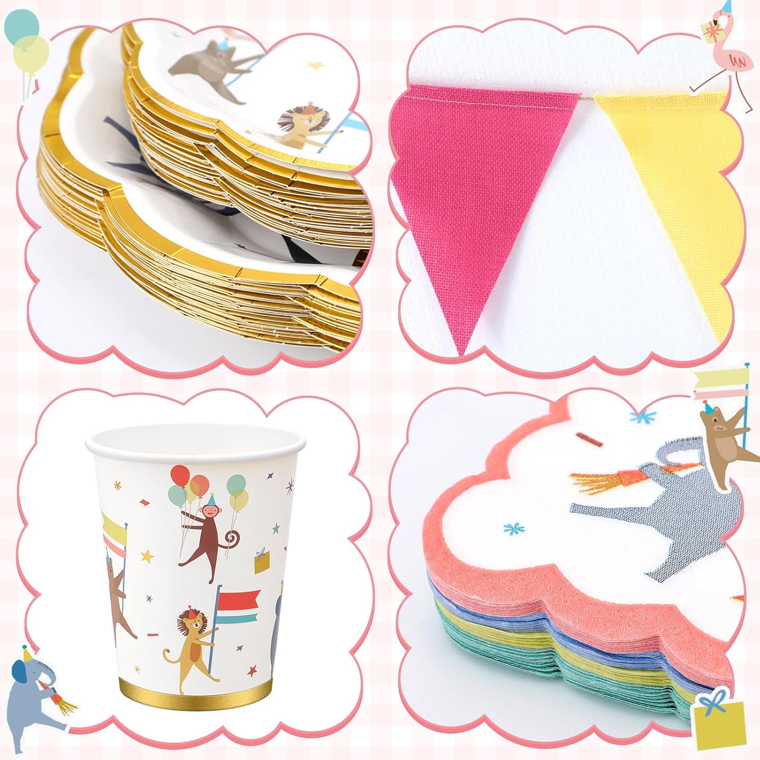 Maxdot 105 Pcs Animal Parade Theme Party Supplies, Includes 25 Disposable Paper Plates, Napkins and Cups, 3 Disposable Tablecloth, 2 Banners, Jungle Safari Animal Tableware for 25 Guests