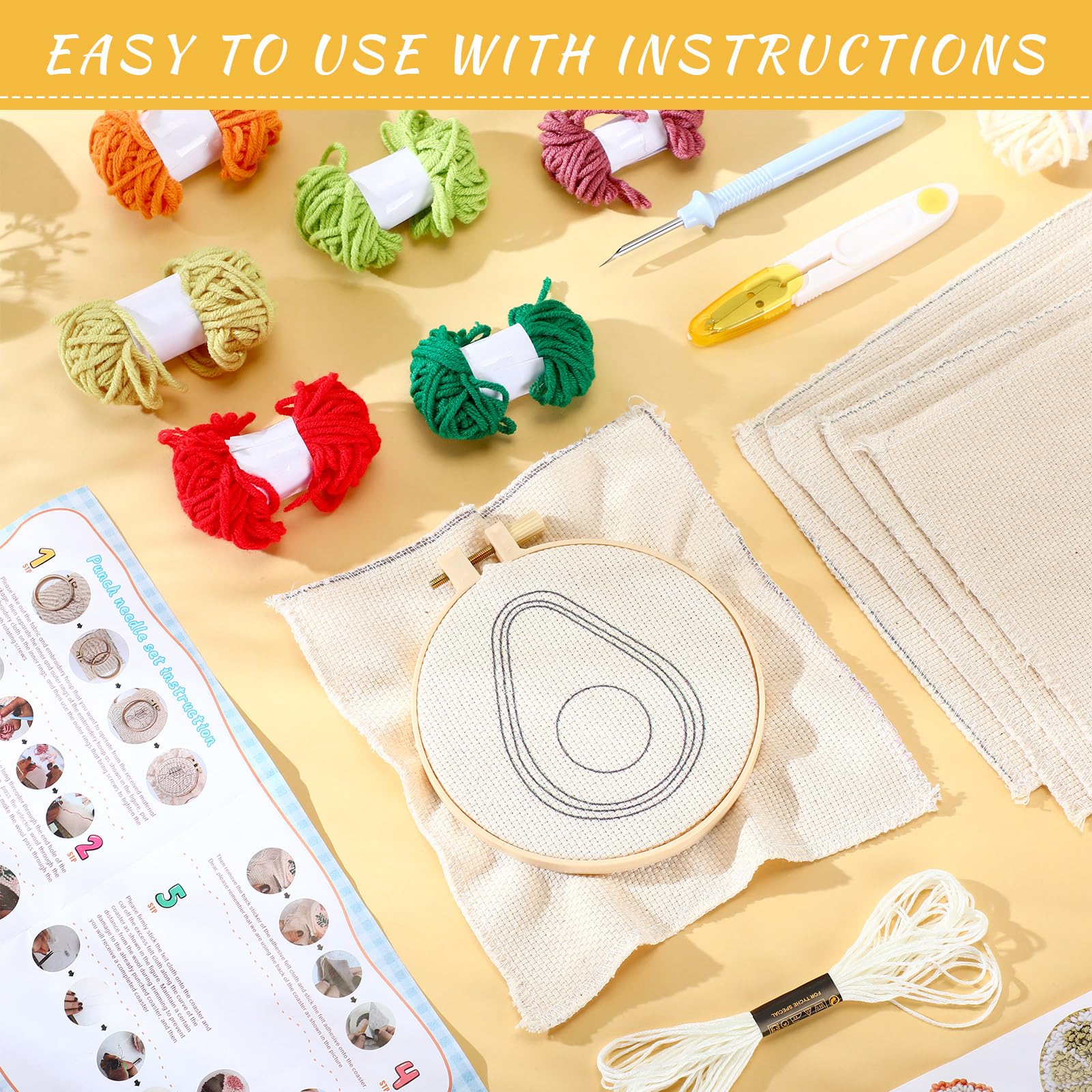 Yaomiao 6-teiliges Obst-Stanznadel-Untersetzer-Set, Stanznadel-Stickset, Stanznadel-Set, Bastelbedarf mit Mustern, Garnen, Werkzeuge, selbstklebender Filz, Stickrahmen, Anleitung für Erwachsene, DIY