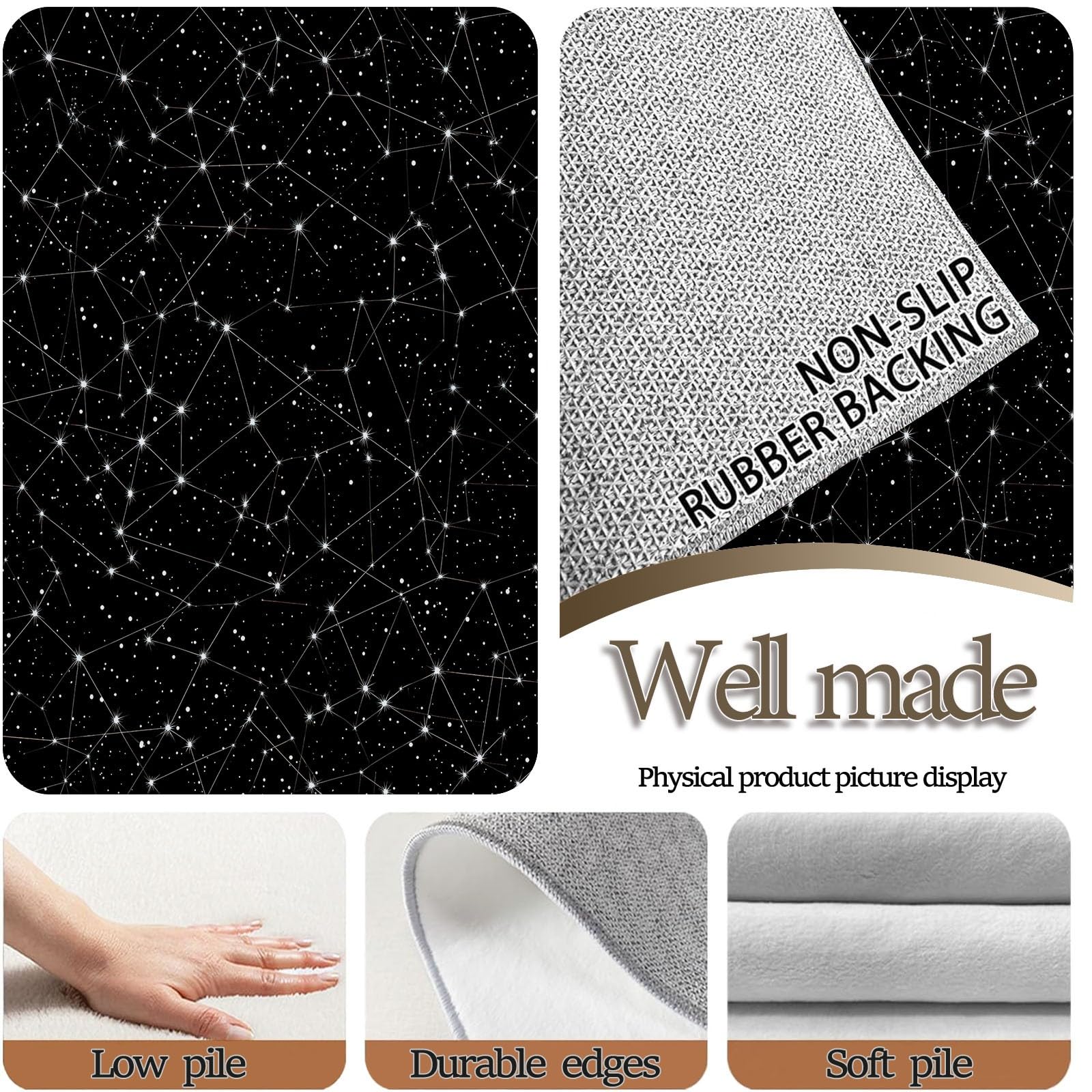 Traumhafter Nachthimmel Teppich Waschbar Weiße Linien Sterne Teppich 120 x 170 cm, Weiche Niedriger Teppiche rutschfest Waschbar Pflegeleicht Teppiche Für Wohnzimmer Schlafzimmer Küche