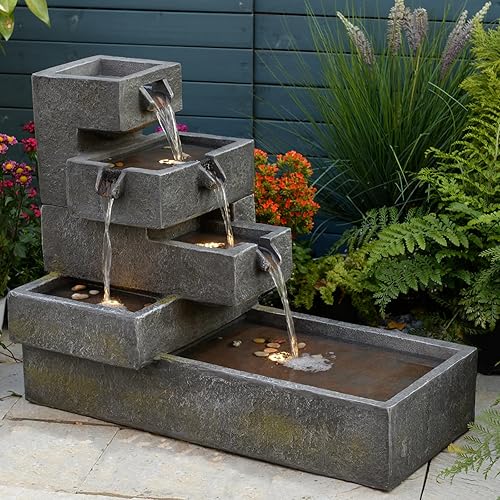 Tiered Water Fountain Outdoor Garden - Waterfall Indoor Freestanding Cascade Fountain Concrete Artistry Modern Style with LED Lights for Patio Yard Pool Home Decor,32.5 inches Long
