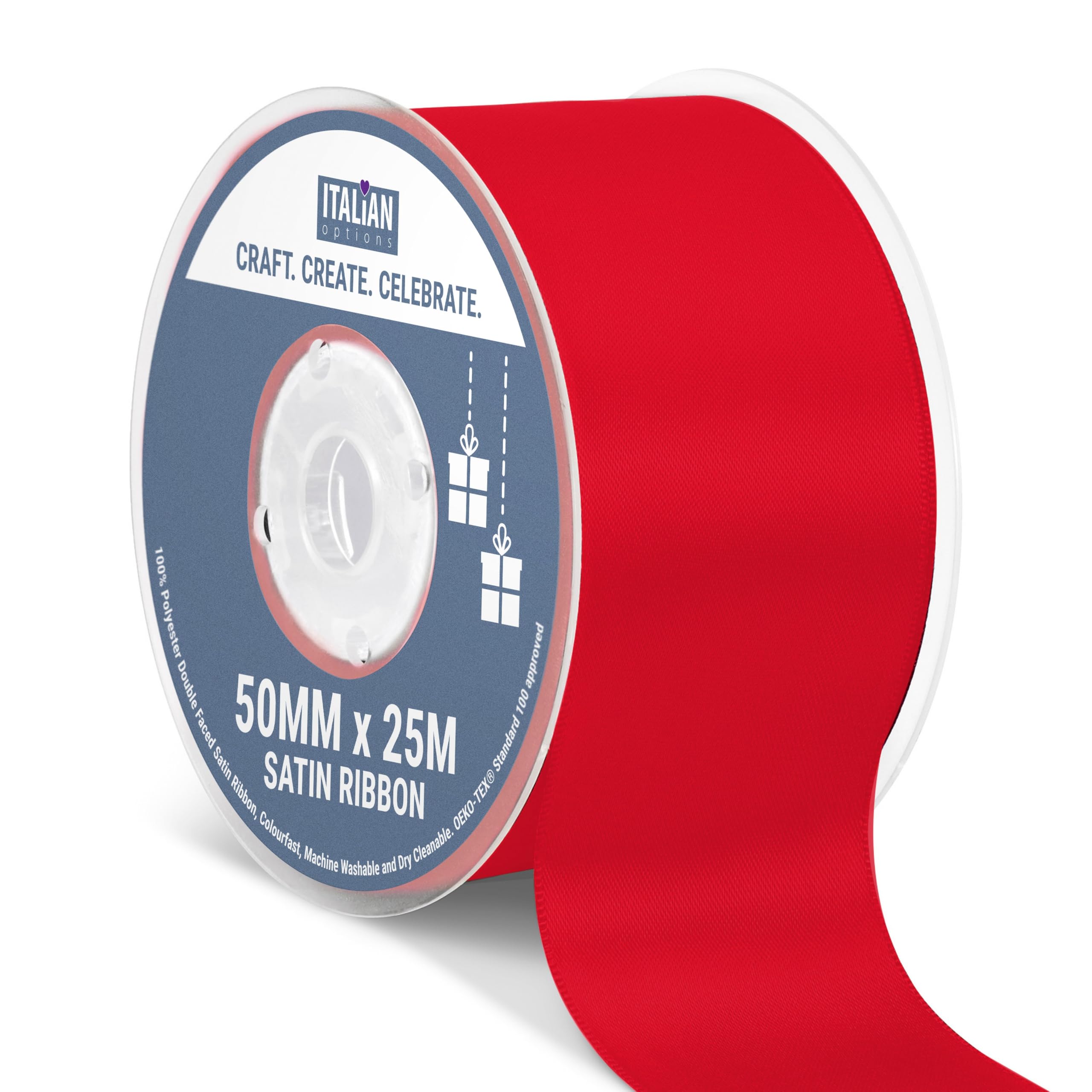 Italian Options Satin Ribbon, Fabric Ribbons for Gift Wrapping, Crafting, Balloons, Wedding Car, Presents, Cake, Christmas, Birthday, Gift Wrap Accessories, 50mm Wide x 25 Metre Roll, Red
