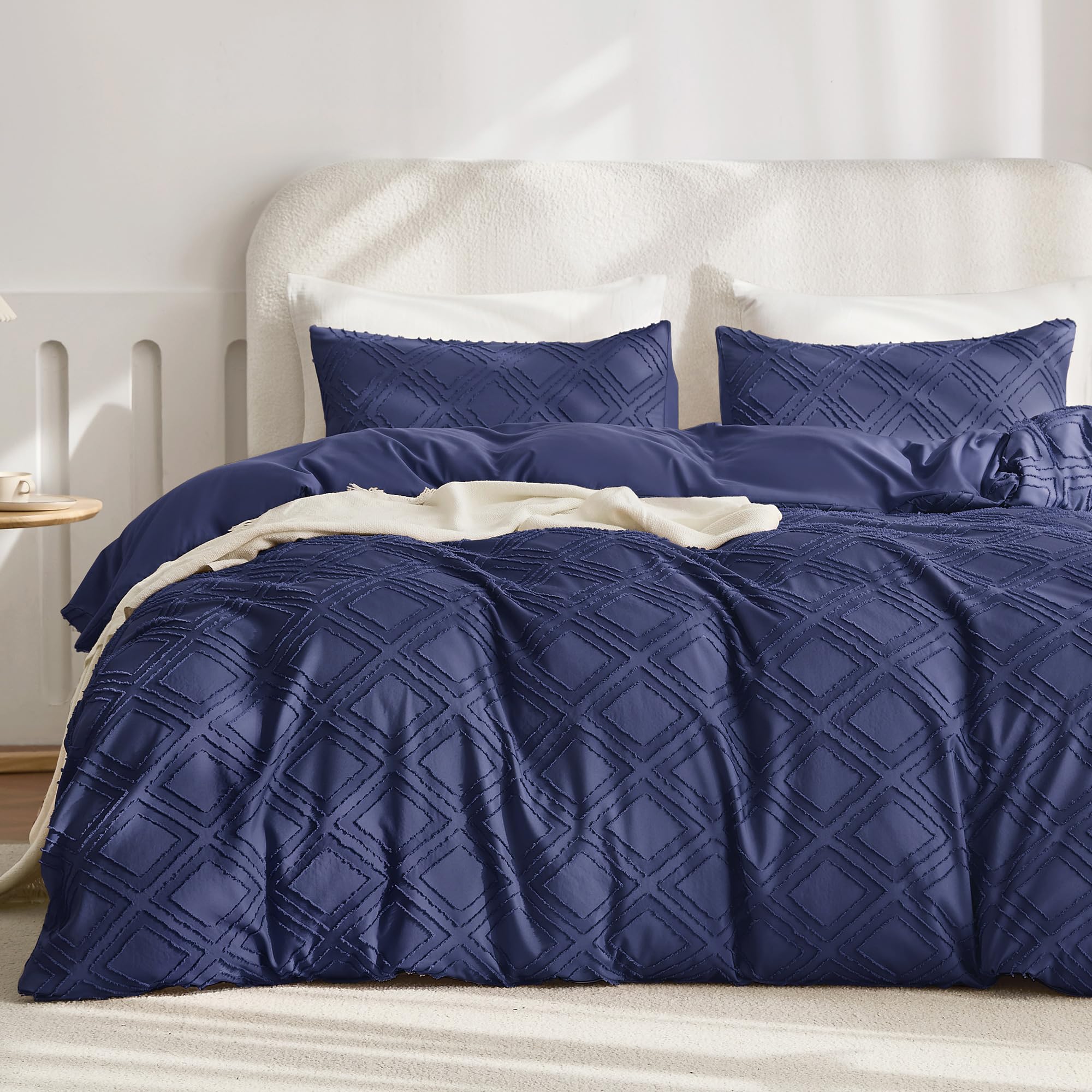 JELLYMONI Duvet Cover Queen Size Navy Blue - 3PCS Boho Duvet Cover Set Plaid Polyester Tufted Bohemian Jacquard Knit Textured Comforter Cover 90×90in