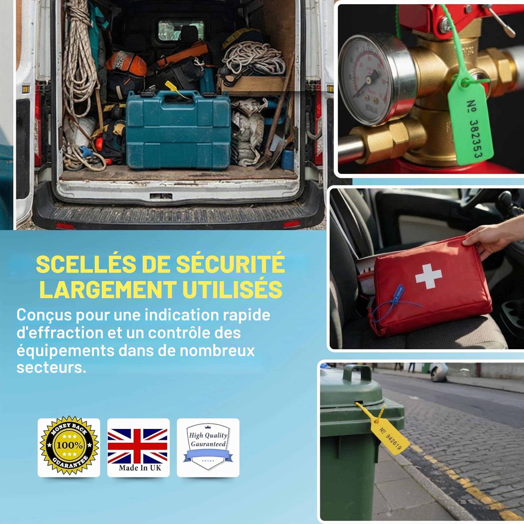 Lot de 100 joints numérotés fabriqués au Royaume-Uni - Joints anti-effraction, attaches de sécurité, étiquettes de sécurité, joints de sécurité, joints de sécurité, attaches numérotées (jaune, 100)