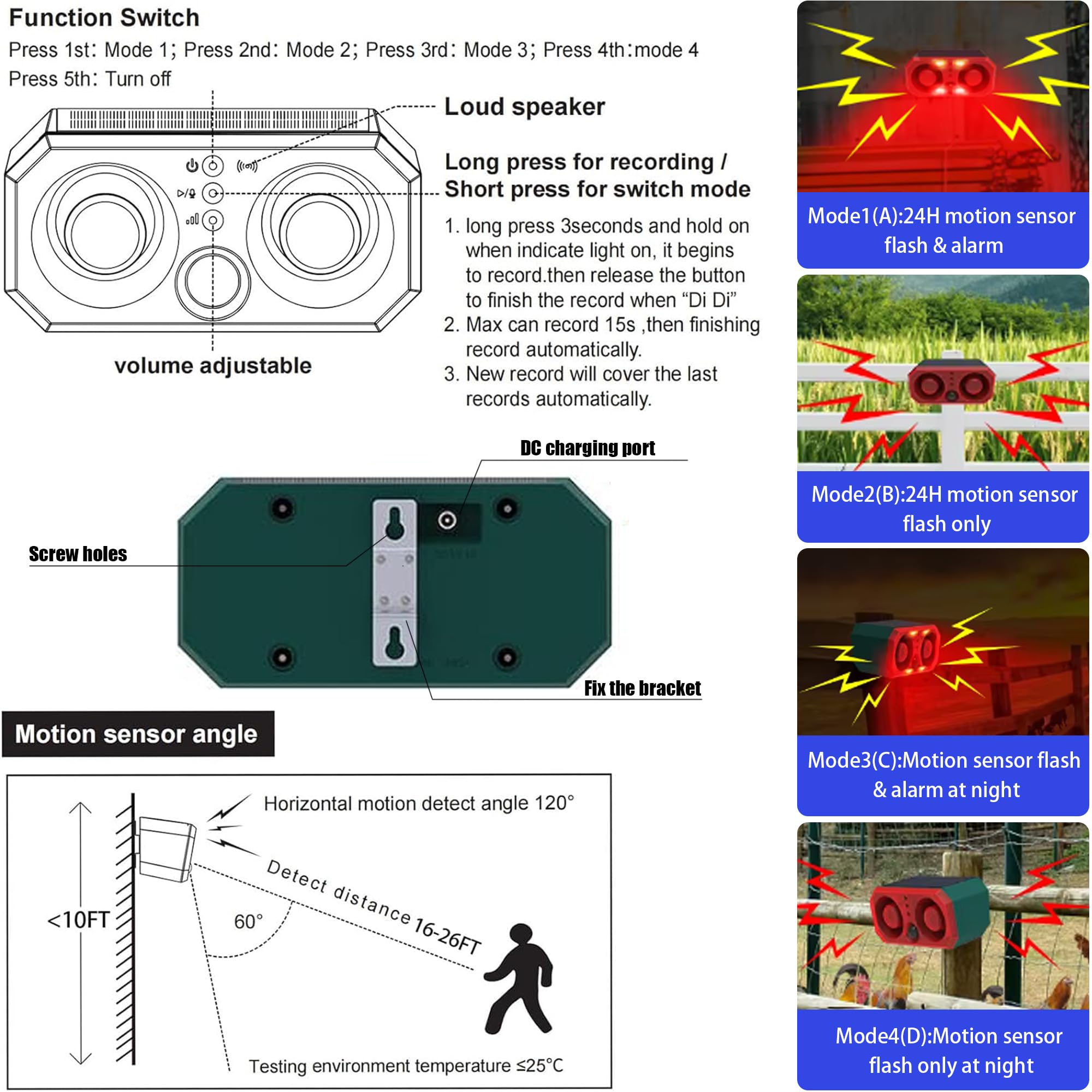 Sirena a energia solare per sensori di movimento da esterno, 130dB x 2 altoparlanti, 13 modalità sonore integrate Cani che abbaiano e spari , con telecomando per cortile, fattoria,