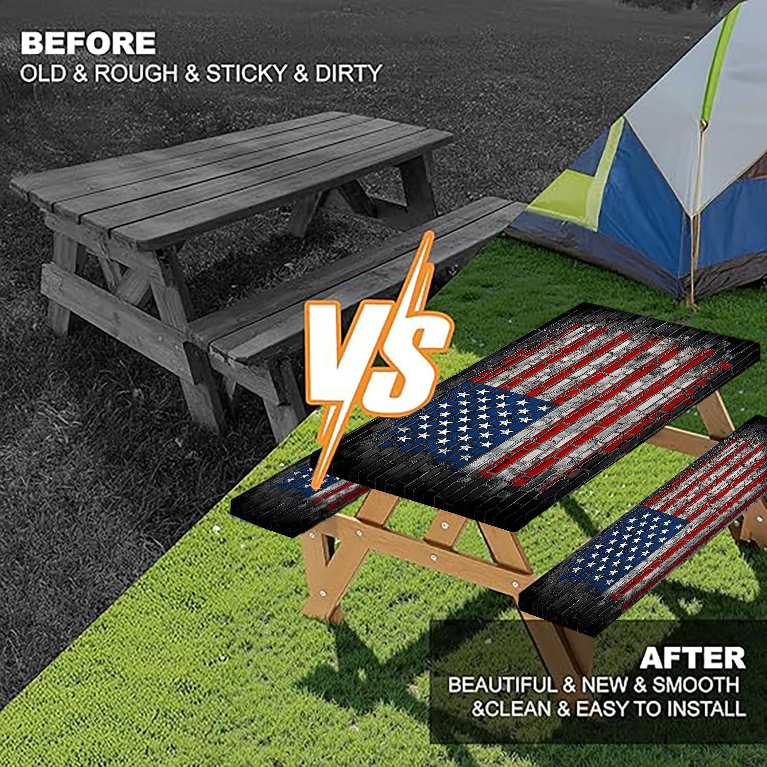 American Flag Picnic Table Cover with Bench Covers, Outdoor Patio Camping Essentials 90 Inch, Waterproof Camping Fitted Tablecloth with Drawstring Bag 3PCS