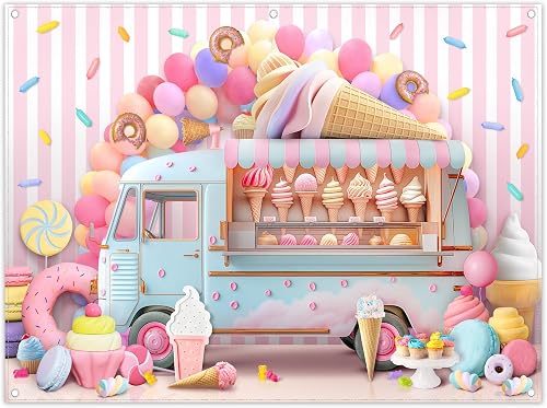 Fabric 8x6ft Ice Cream Truck Photography Backdrop Sweet Birthday Party Background Balloon Candy Cake Decoration Boys Girls Baby Photo Banner Booth