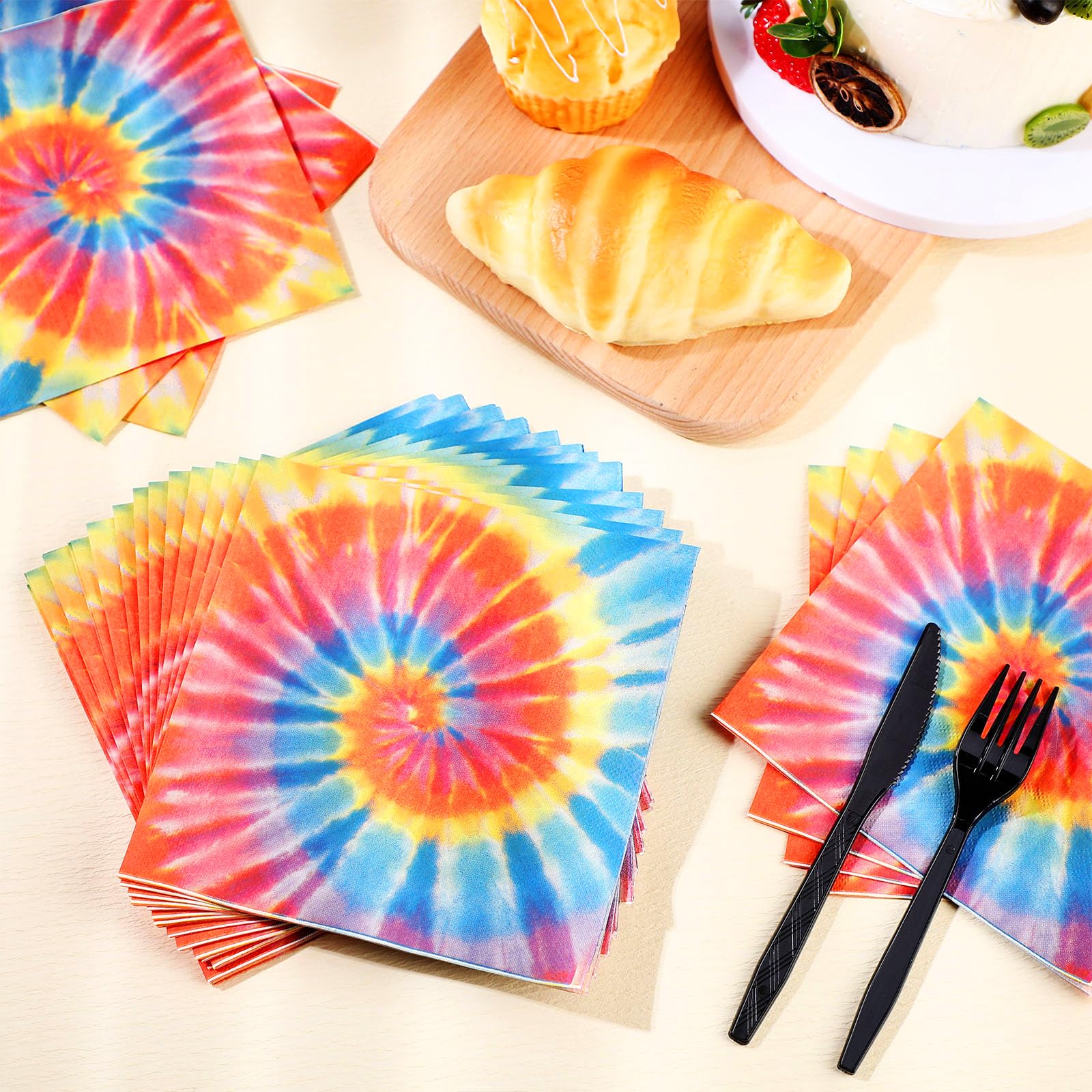 Zhanmai 200 Pcs Tie Dye Napkins Rainbow Hippie Paper Napkins 13 x 13 Inch Disposable Tie Dye Party Decorations 2 Ply Lunch Groovy Party Napkins for Luncheon Table Retro Themed Birthday Party Supplies