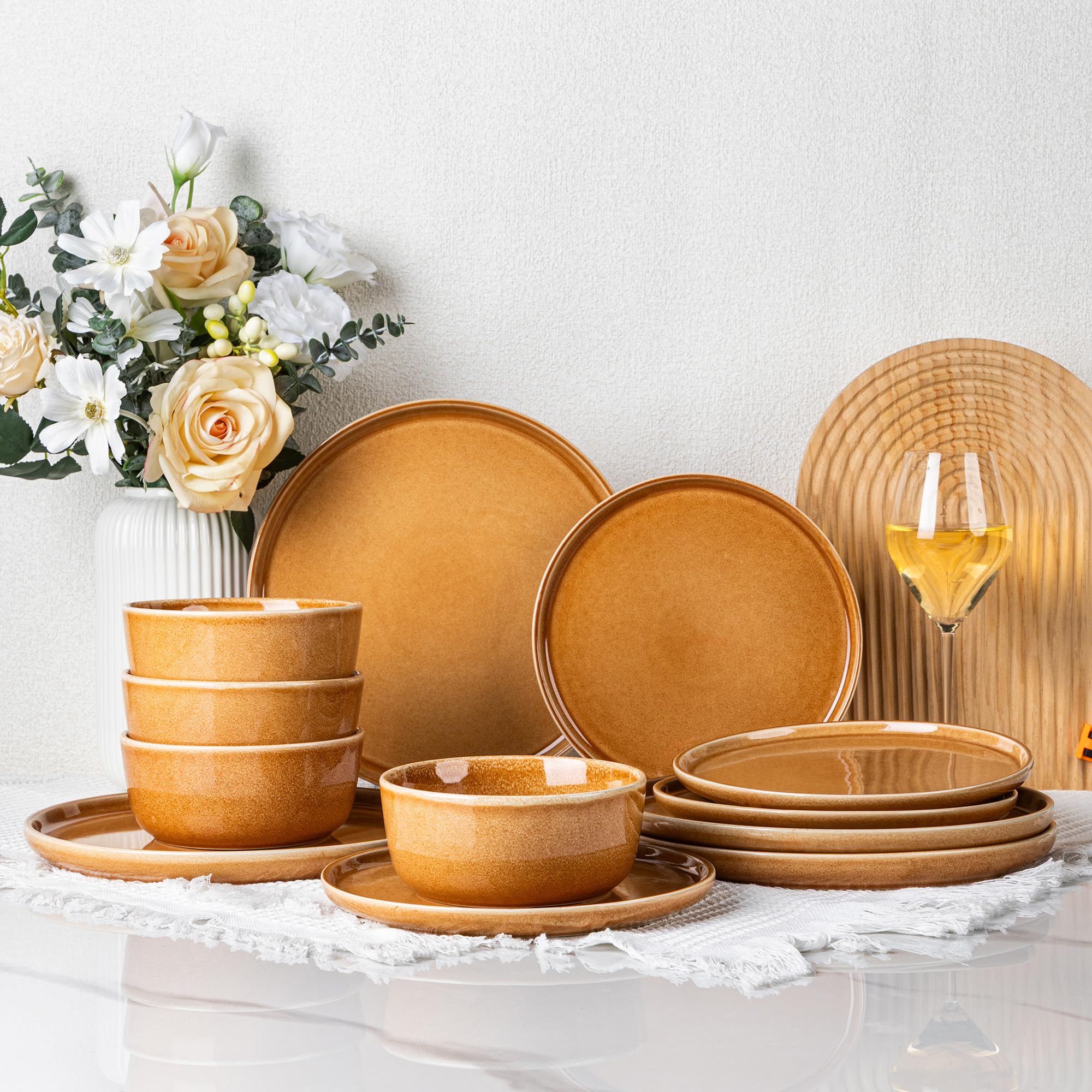 GBHOME Dinnerware Sets for 4, 12 Pieces Ceramic Plates and Bowls Set | Scratch Resistant Stoneware Dishes Set, Dishwasher &amp; Microwave Safe, Reactive Glaze-Amber