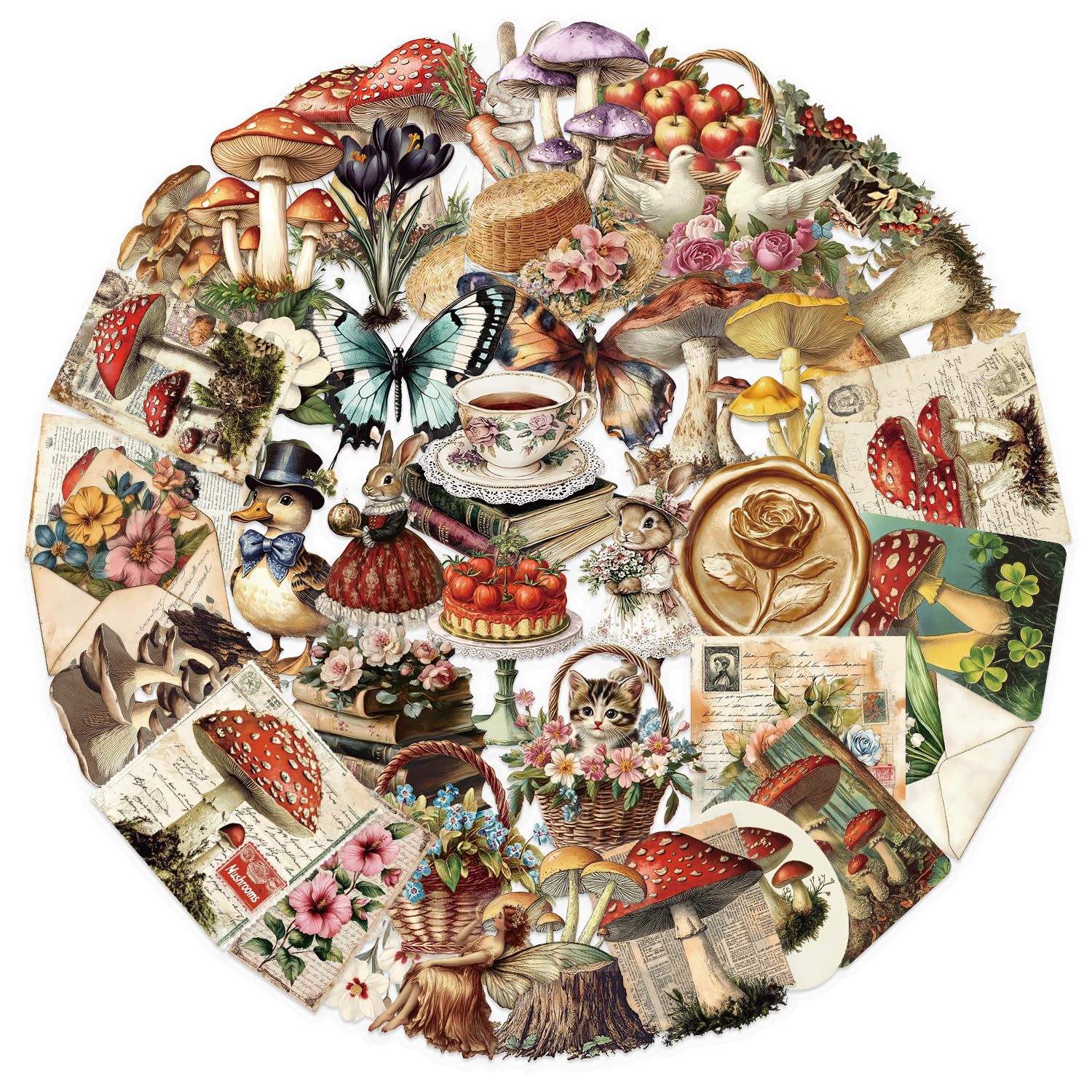 50Pcs Vintage Stickers Pack, Aesthetic Mushroom and Flower Decals for Scrapbook Journaling Water Bottle Kindle Laptop Phone Skateboard Guitar,