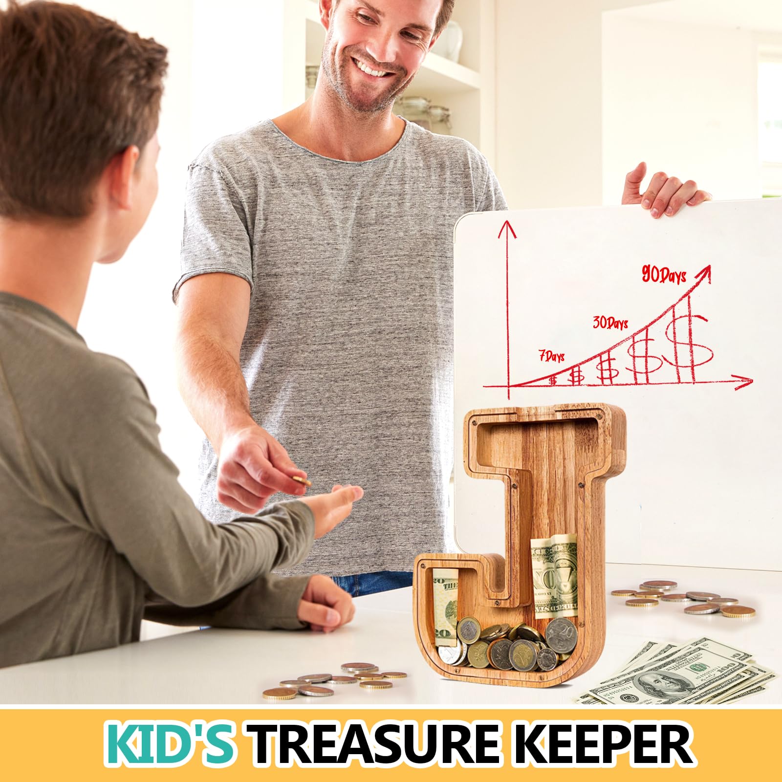 SummiDate Salvadanaio in legno con lettera dell'alfabeto J, regalo di compleanno per bambini, regalo di compleanno per bambini (iniziale J)