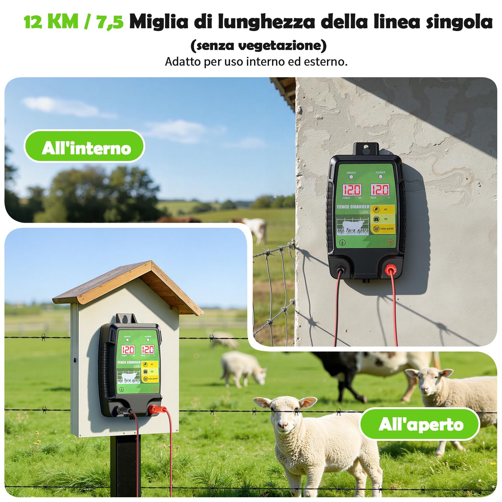 12KM Elettrificatore per Recinzione Elettrica, 12 kV 3,0 J Tensione di Uscita Recinto Elettrico per Animali con Schermo LCD, Protezione per Cavalli, Pecore, Pascoli e Fattorie (Nero e verde)