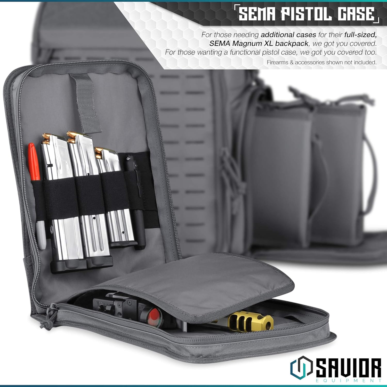 Savior Equipment Padded Tactical Single Handgun Pistol Bag Firearm Case for SEMA Magnum XL Range Backpack - Lockable Zipper, Elastic Magazine Carrier
