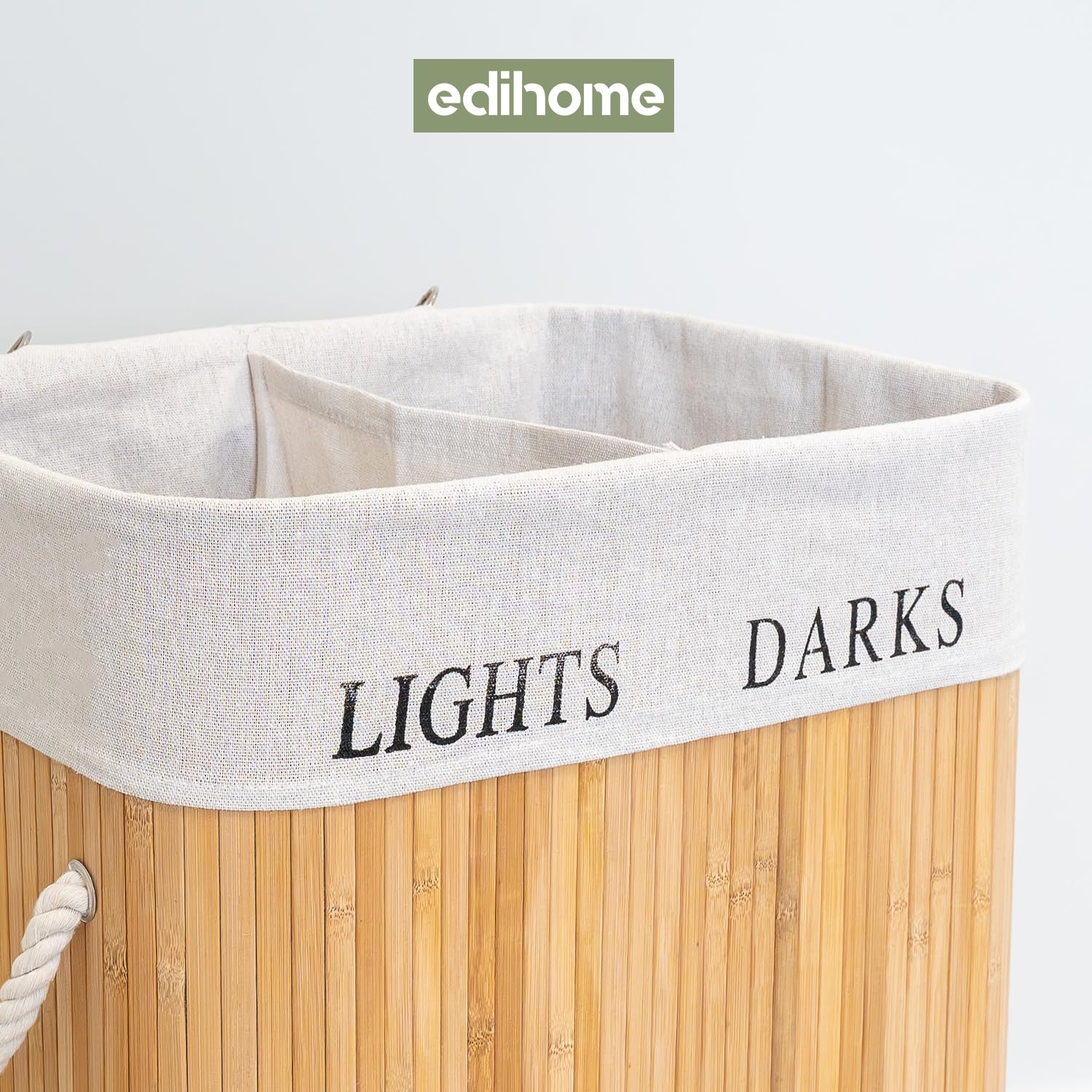 edihome, Cesto Portabiancheria 2 Scomparti, Cesta Panni Sporchi, Sporca, 72 litri, Cestino con coperchio, secchio, Laundry Basket, pieghevole, borsa lavabile estraibile, manici, in bambù (naturale)