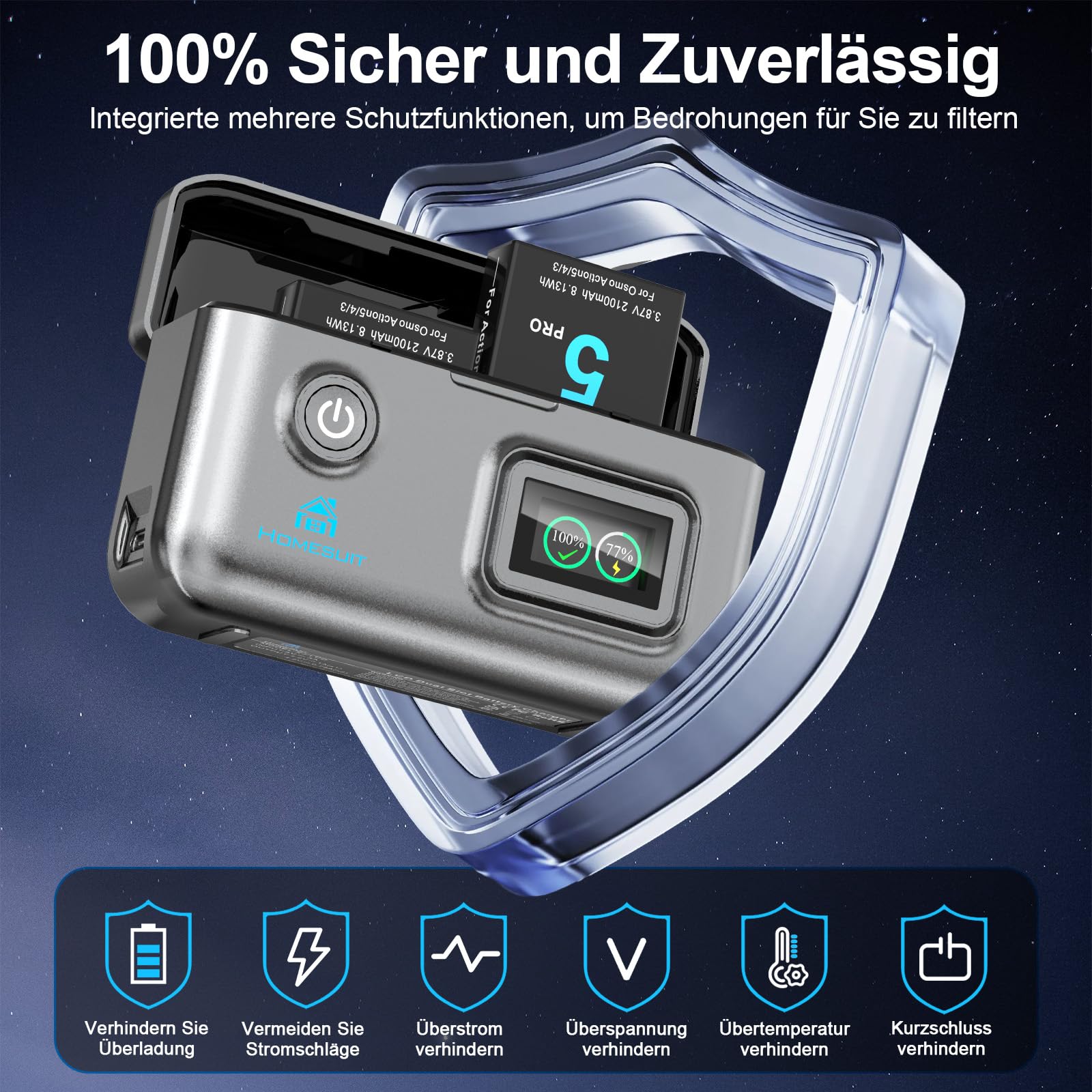 Homesuit Osmo Action 6 5 Pro 4 3 Akku 2100mAh und 18W Dual USB LCD Ladegerät Kit für DJI OsmoAction6 / OsmoAction5Pro / OsmoAction4 / OsmoAction3 (2er-Pack)