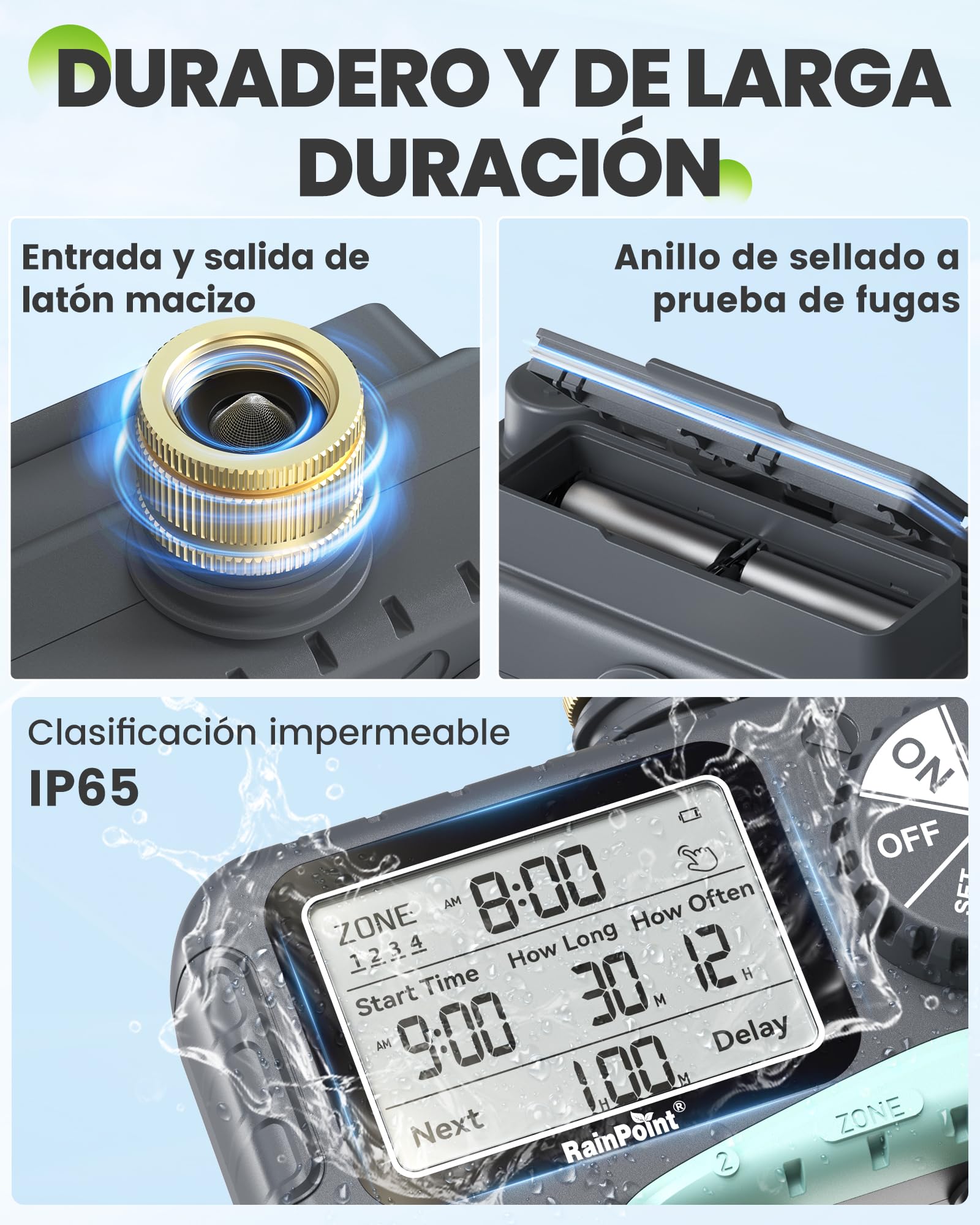 RAINPOINT Programador Riego 4 Salidas, Entrada y Salida de Latón, Impermeable IP65, Temporizador de Riego Automático con Retardo de Lluvia/Riego Manual, para Invernadero, Césped y Jardín