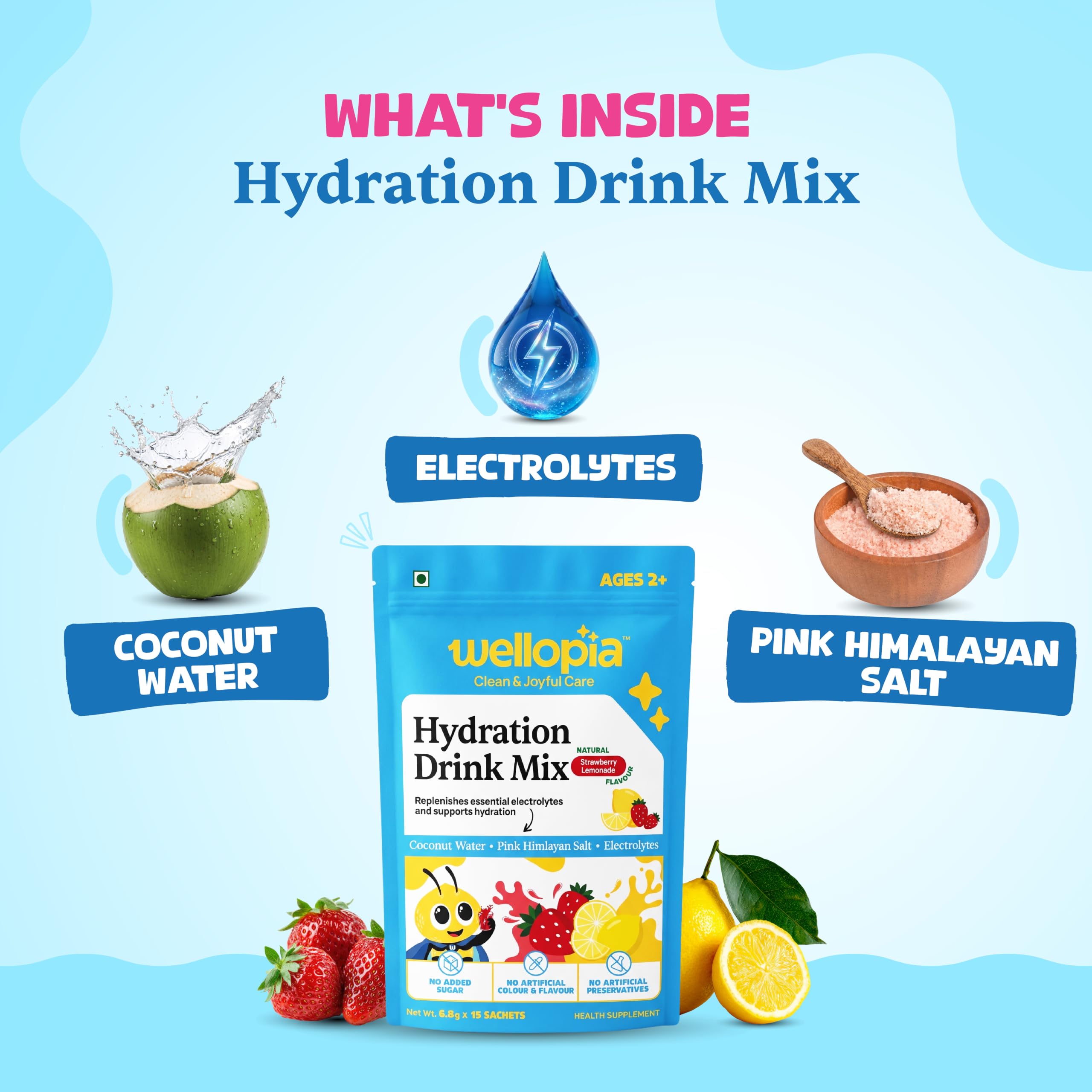 Wellopia Kids Hydration Drink Mix | Coconut Water, Pink Himalayan Salt & Electrolytes | Natural Strawberry Lemonade | No Added Sugar | 15 Sachets (Ages 2+) — Amazon image 4