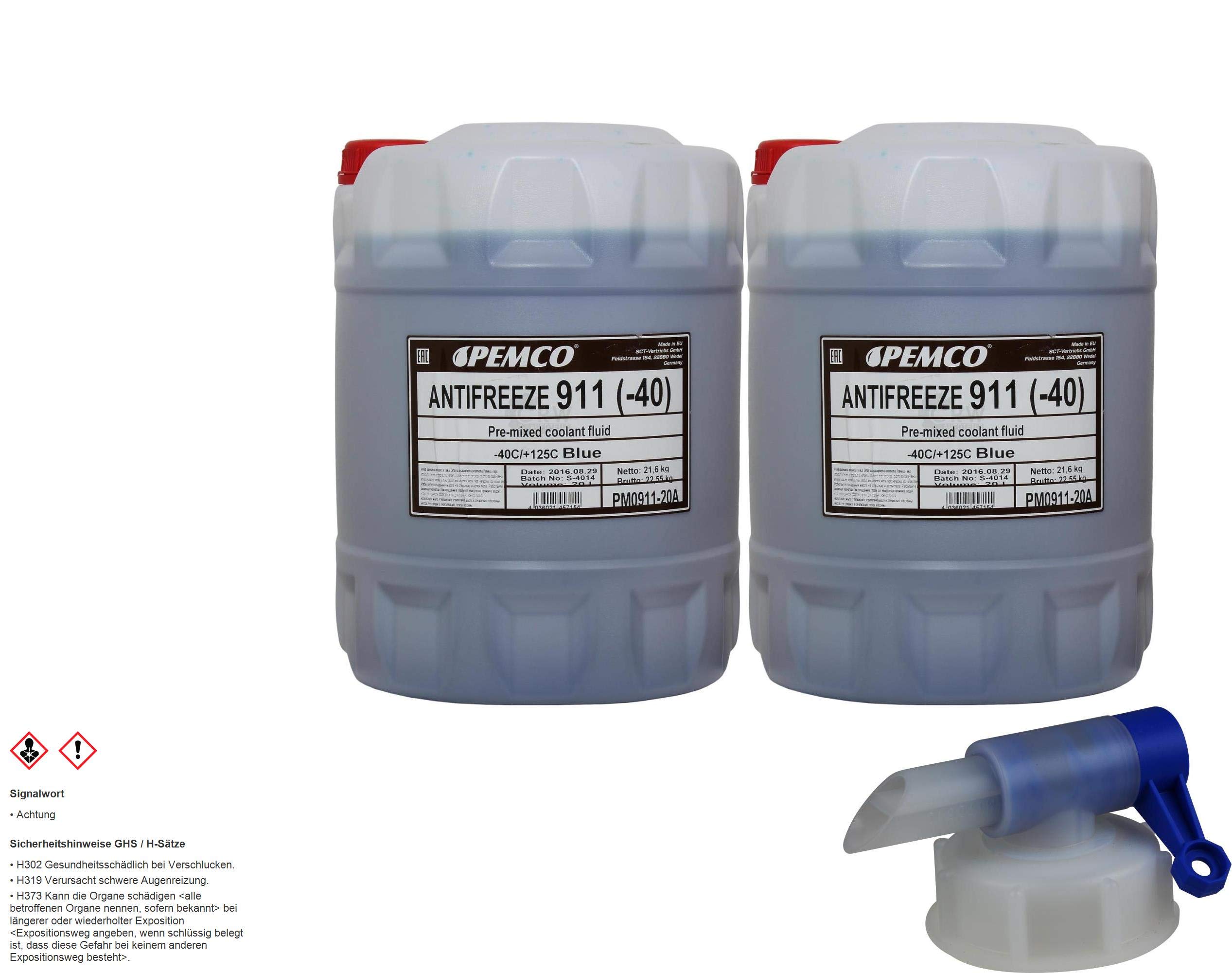 2x 20 L PEMCO Antifreeze 911 Kühlerfrostschutz blau Fertiggemisch + Auslaufhahn Typ G11