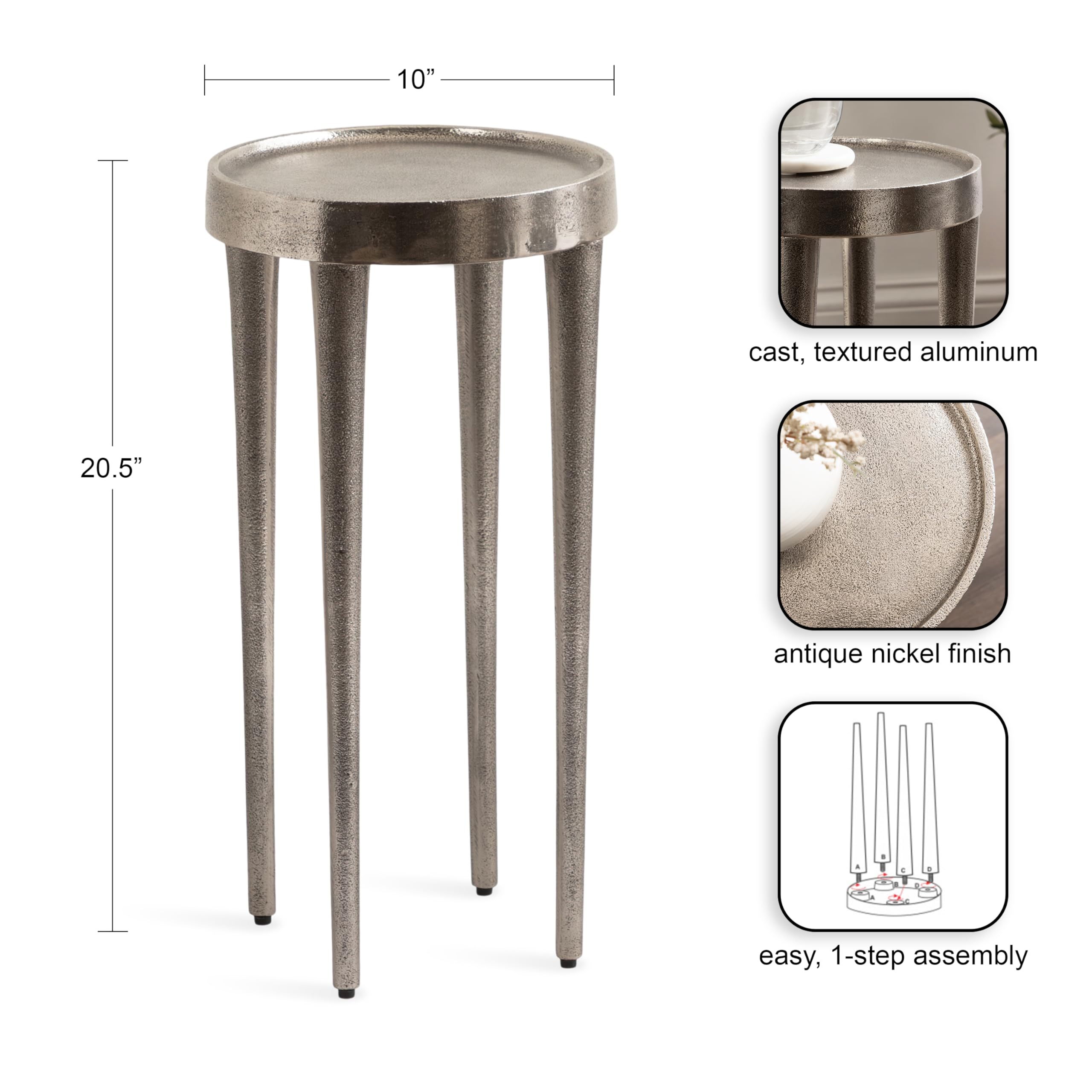 Kate and Laurel Rava Modern Metal Round Drink Table, 10 x 10 x 21, Antique Nickel, Cast Aluminum Accent Table for Use as Indoor Plant Stand or Living Room Decor Piece