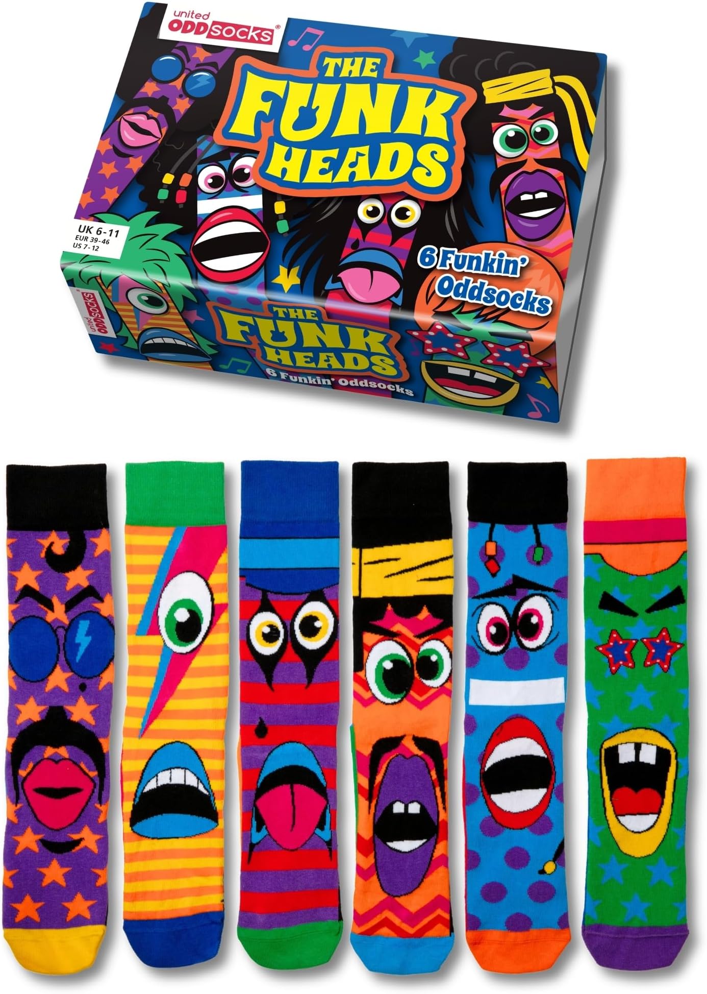 – The Funk Heads Gift Box – 6 Colourful Funky Odd Socks for Men – UK 6–11, EUR 39–46, US 7–12, Mix & Match 70s-Inspired Novelty Socks, Fun Birthday, Christmas or Father’s Day Gift & More