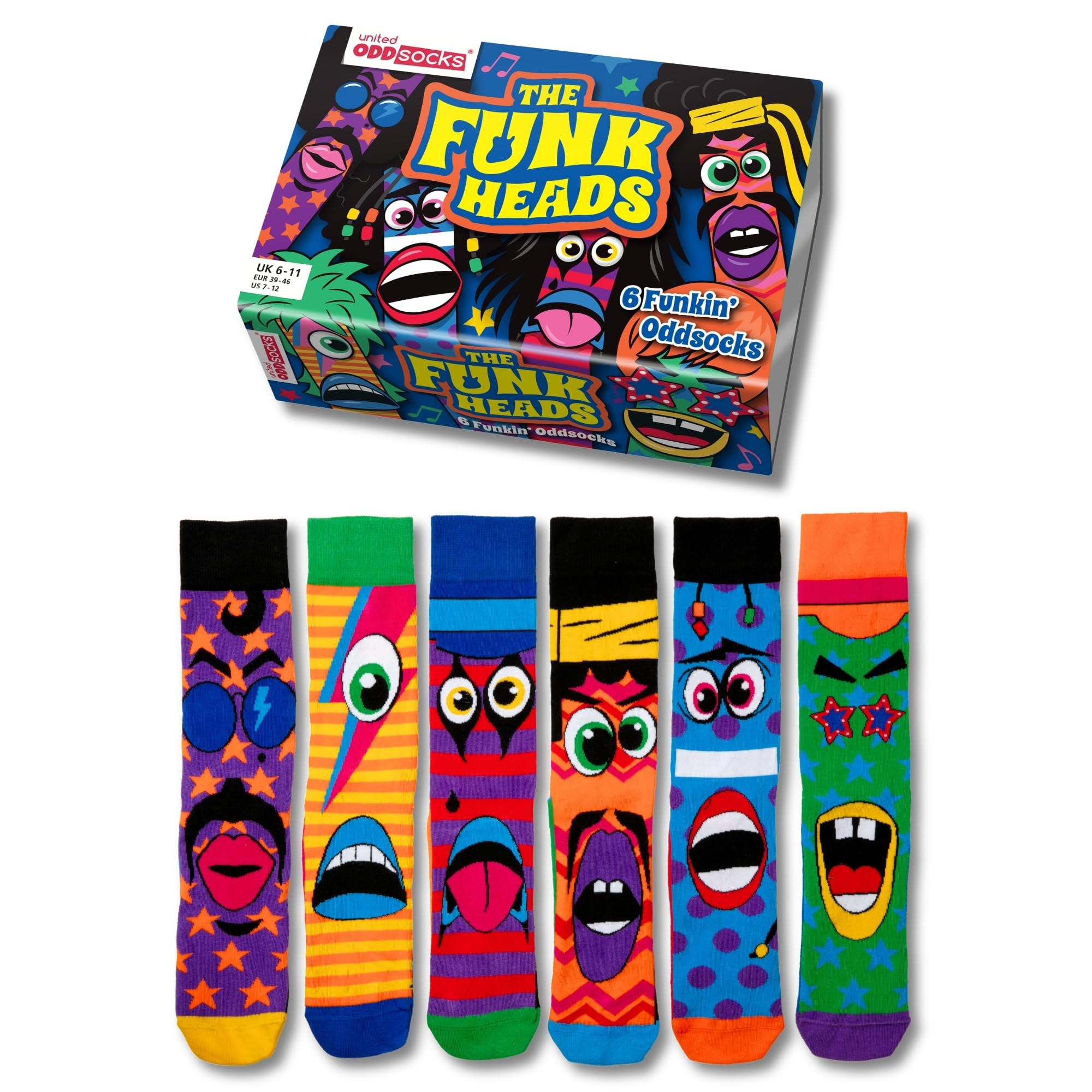 The Funk Heads Gift Box – 6 Colourful Funky Odd Socks for Men – UK 6–11, EUR 39–46, US 7–12, Mix & Match 70s-Inspired Novelty Socks, Fun Birthday, Christmas or Father’s Day Gift & More