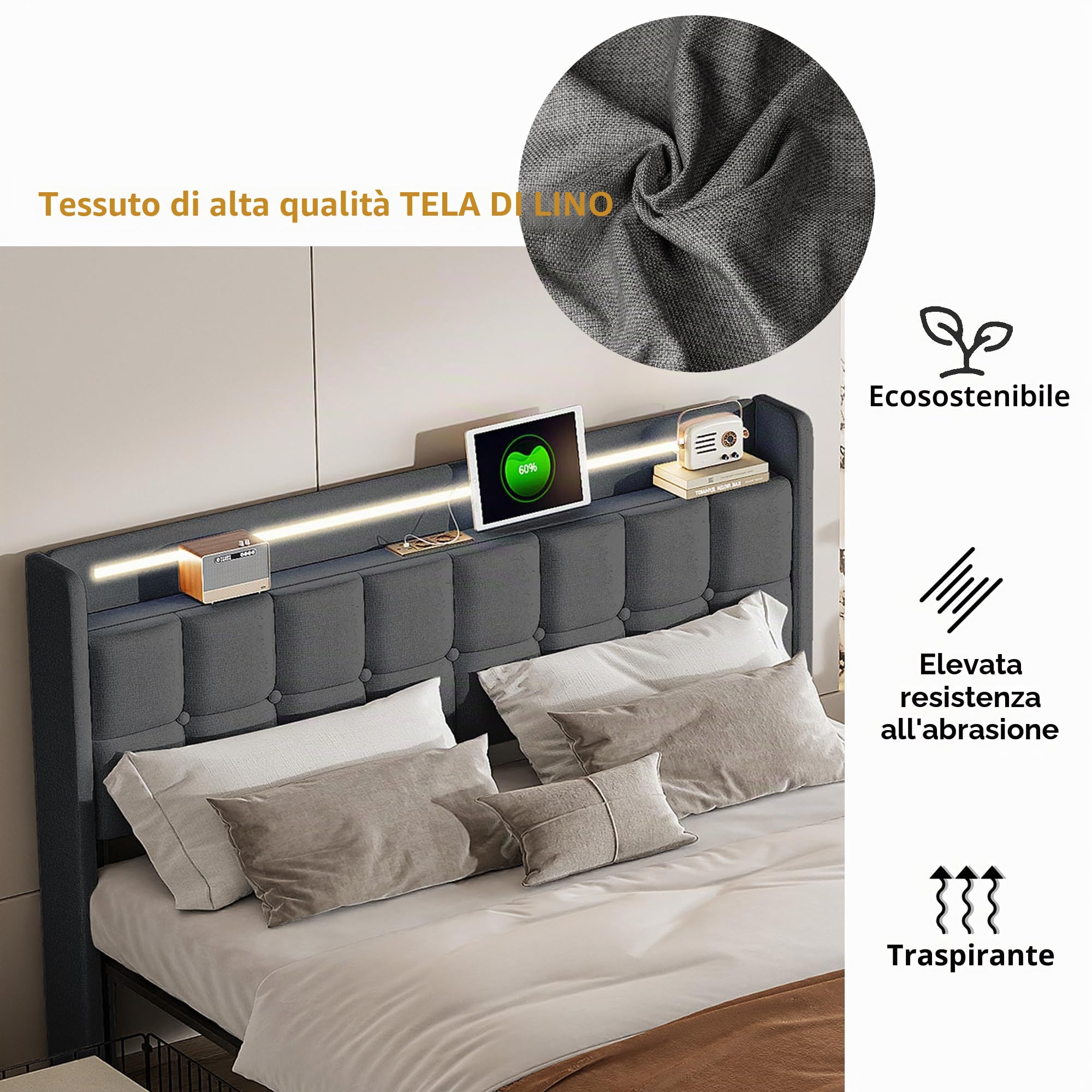 CDQL Letto imbottito 160 x 200 cm con 4 cassetti, letto matrimoniale con illuminazione a LED e porta USB, struttura del letto con rete a doghe, letto per ragazzi, letto degli ospiti, in lino, grigio