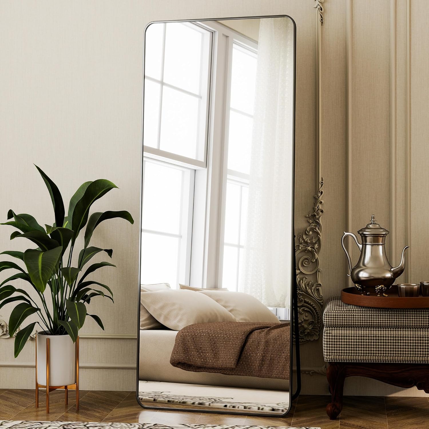 Black Full Length Mirror 21 x 56 Inch Nano Floor Mirrors with Stand Rounded Corner Full Body Mirrors with Aluminum Alloy Frame for Bedroom Living Room Checkroom