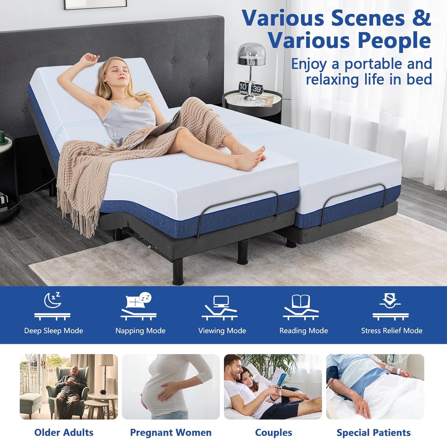 Vipbear Queen Adjustable Bed Base with Mattress, Updated Adjustable Bed with Thickened Frame, 14 Inch Blue Gel Memory Foam Medium Firm Mattress in Box, Head/Foot Lift, Sturdy Metal Electric Smart Bed