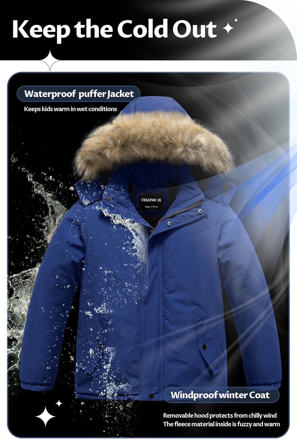 CREATMO US Boys' Waterproof Snow Coat Parka Windproof Winter Jacket With Detachable Fleece Hood - Image 5