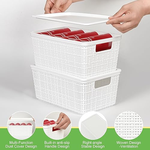 Miniatura 4 de Paquete de 6 cestas de almacenamiento de plástico con tapas, contenedores de almacenamiento apilables transpirables blancos, pequeños contenedores