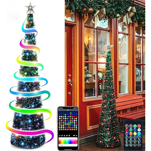 5 Ft Pop Up Christmas Tinsel Tree with 100 Colorful LED Lights, Collapsible Pencil Christmas Tree with Remote & APP Control, Christmas Decorations for Home Fireplace Porch Office Indoor Outdoor Party