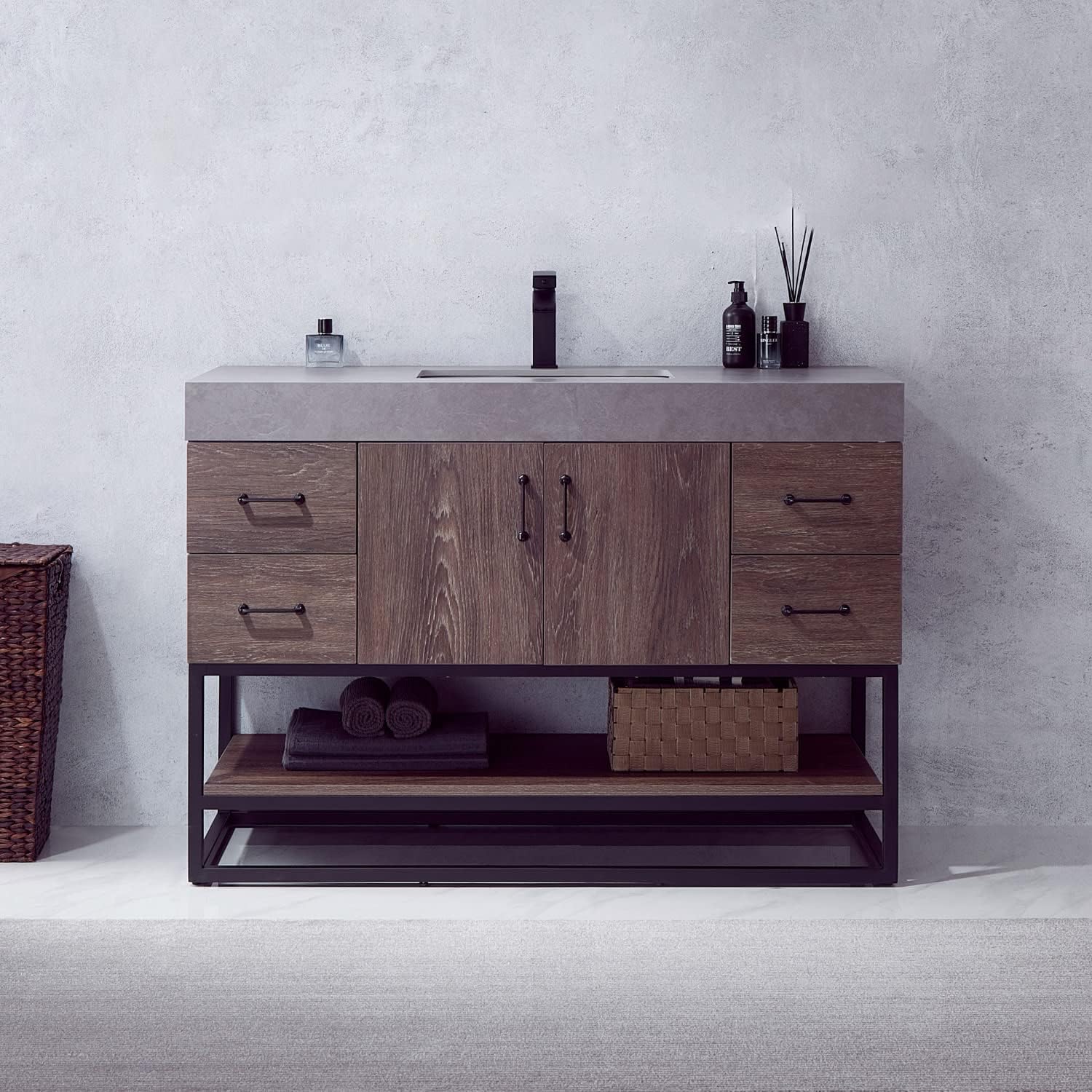 Miseno MV789048B-NM Alistair 48" Free Standing Single Basin Vanity Set with Cabinet and Stone Vanity Top with USB Port and Electrical Outlet - North American Oak