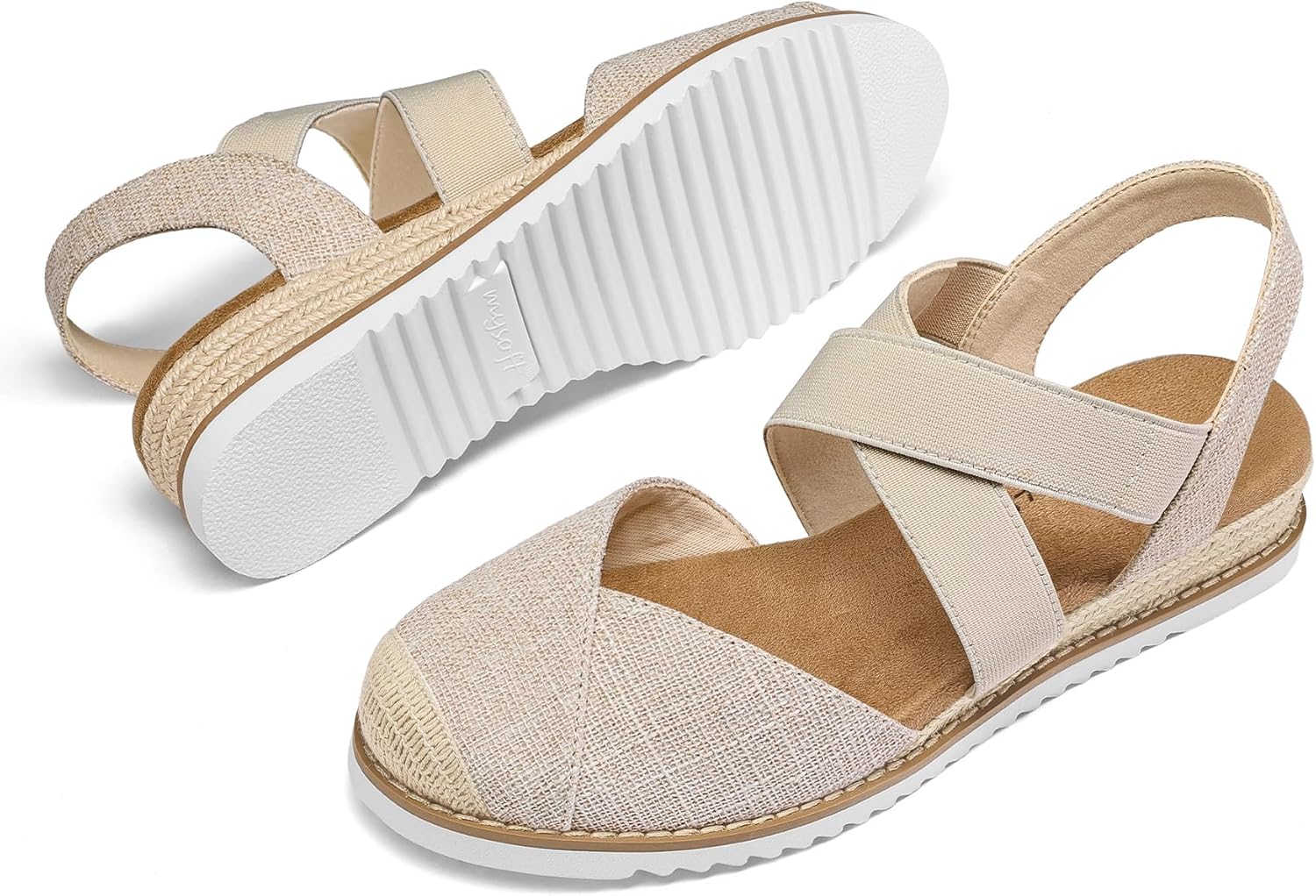 mysoft Womens Wedge Sandals Low Heel Comfortable Closed Toe Espadrilles Slip-on Elastic Ankle Strap Walking Shoes