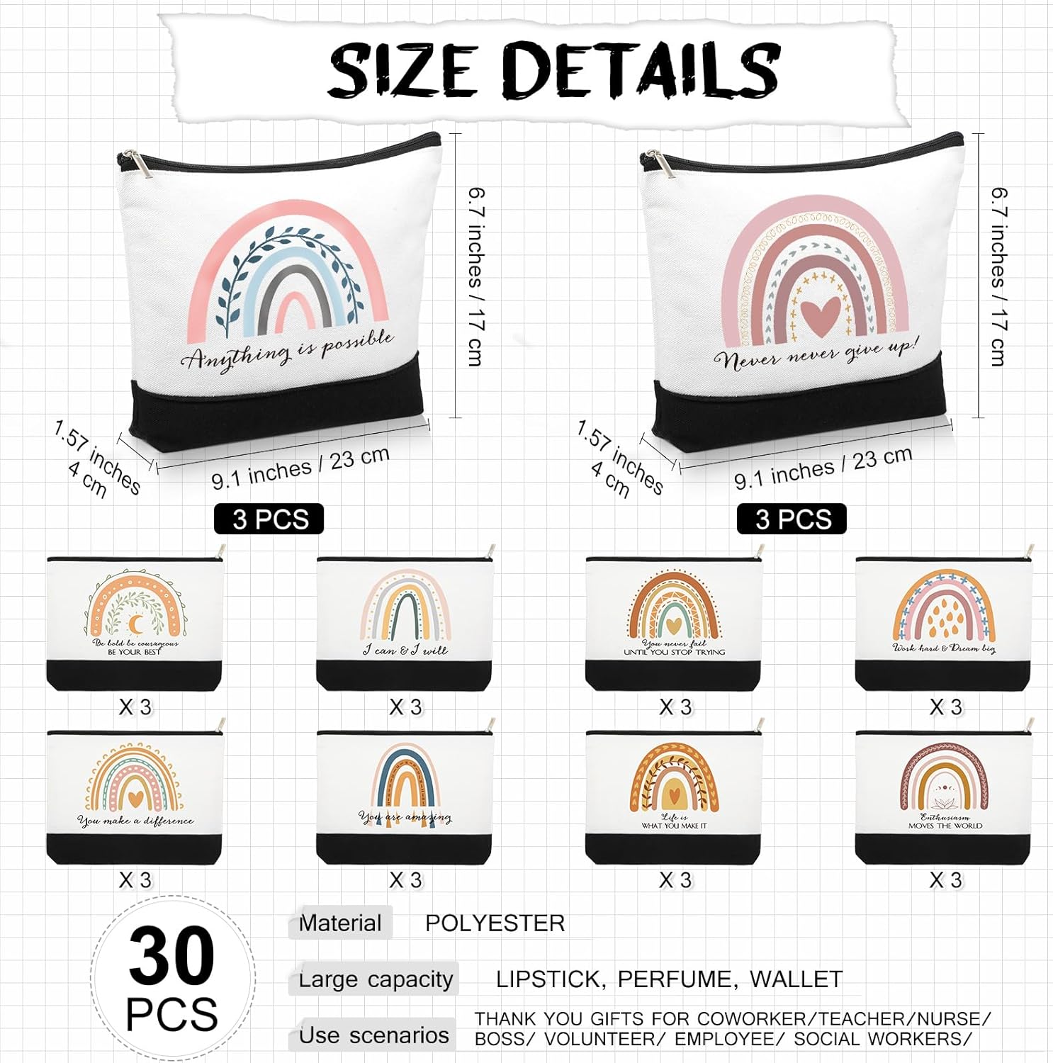 Sieral 30 Pcs Teacher Appreciation Gifts Bulk Nurses Week Gifts Rainbow Canvas Makeup Bags Bulk Inspirational Womens Cosmetic Bags Thank You Gift for Employee Coworker Office Must Have(Motivational)