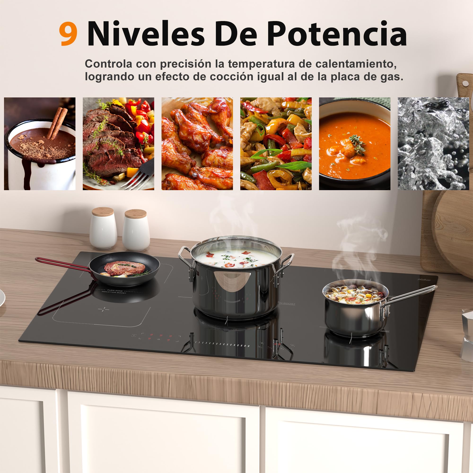 Placa Inducción 5 Zonas, Placa Inducción Integrada de 90cm Autosuficiente | Hobsir, 7200W, Zona Flexible Para Grill, Control Táctil Deslizante, Bloqueo de Seguridad, Función Boost, 240v, Sin Enchufe