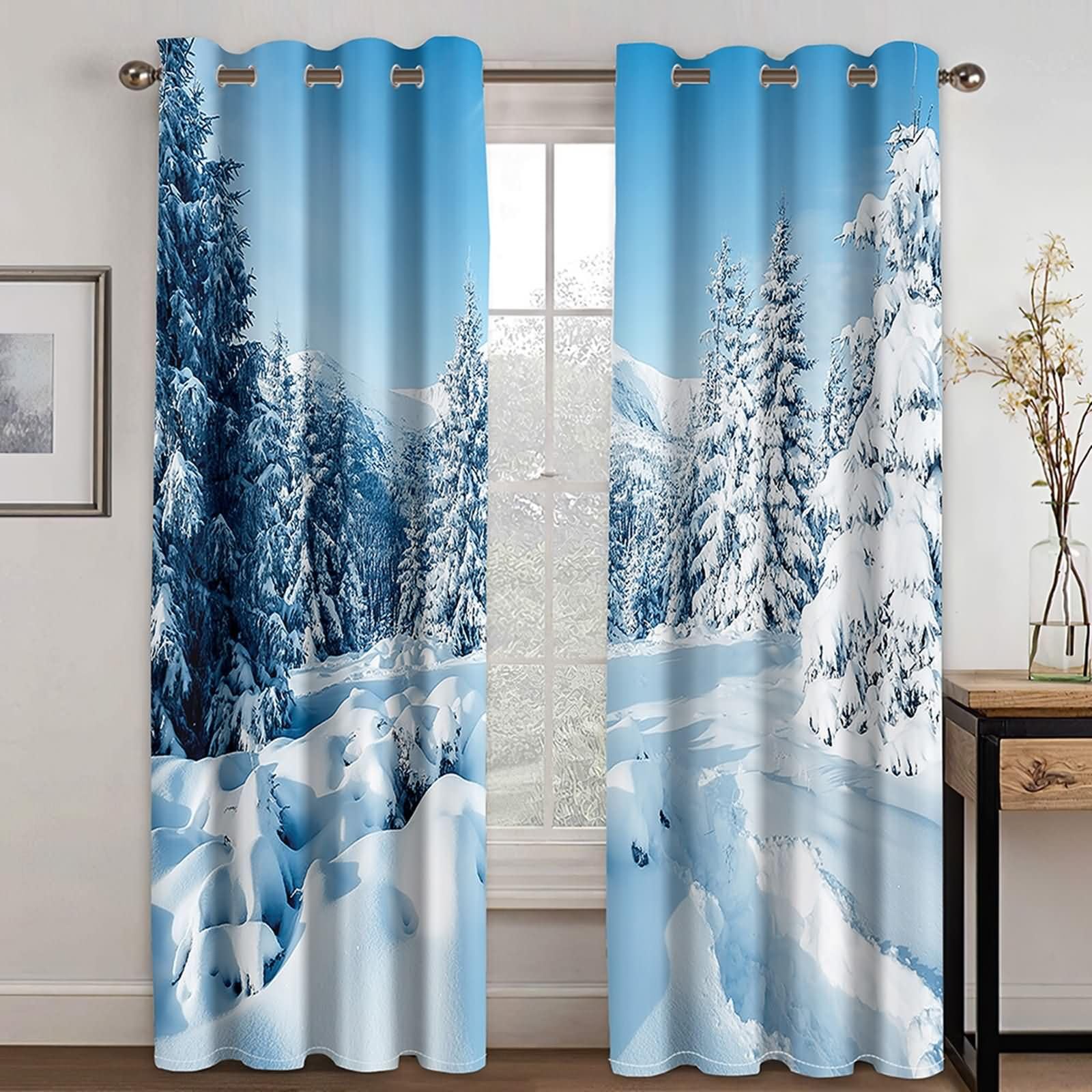 2er Set Vorhang Set Blickdicht,2 x 214W x 229H cm,Vorhänge Ösenringe Schneefallwaldlandschaft Gardine Vorhang für Schlafzimmer Blau Grau Weiß