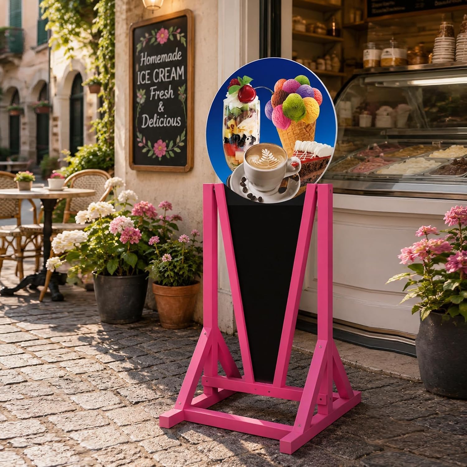 Doppelseitiger Werbeaufsteller 154 x 74 cm, wetterfest, mit Kreidetafel, Holzkonstruktion in Pink oder Braun, 16 Motive für Eisdiele, Pizzeria, Café und Gastronomie (Braun, 9. Pizza Margherita)