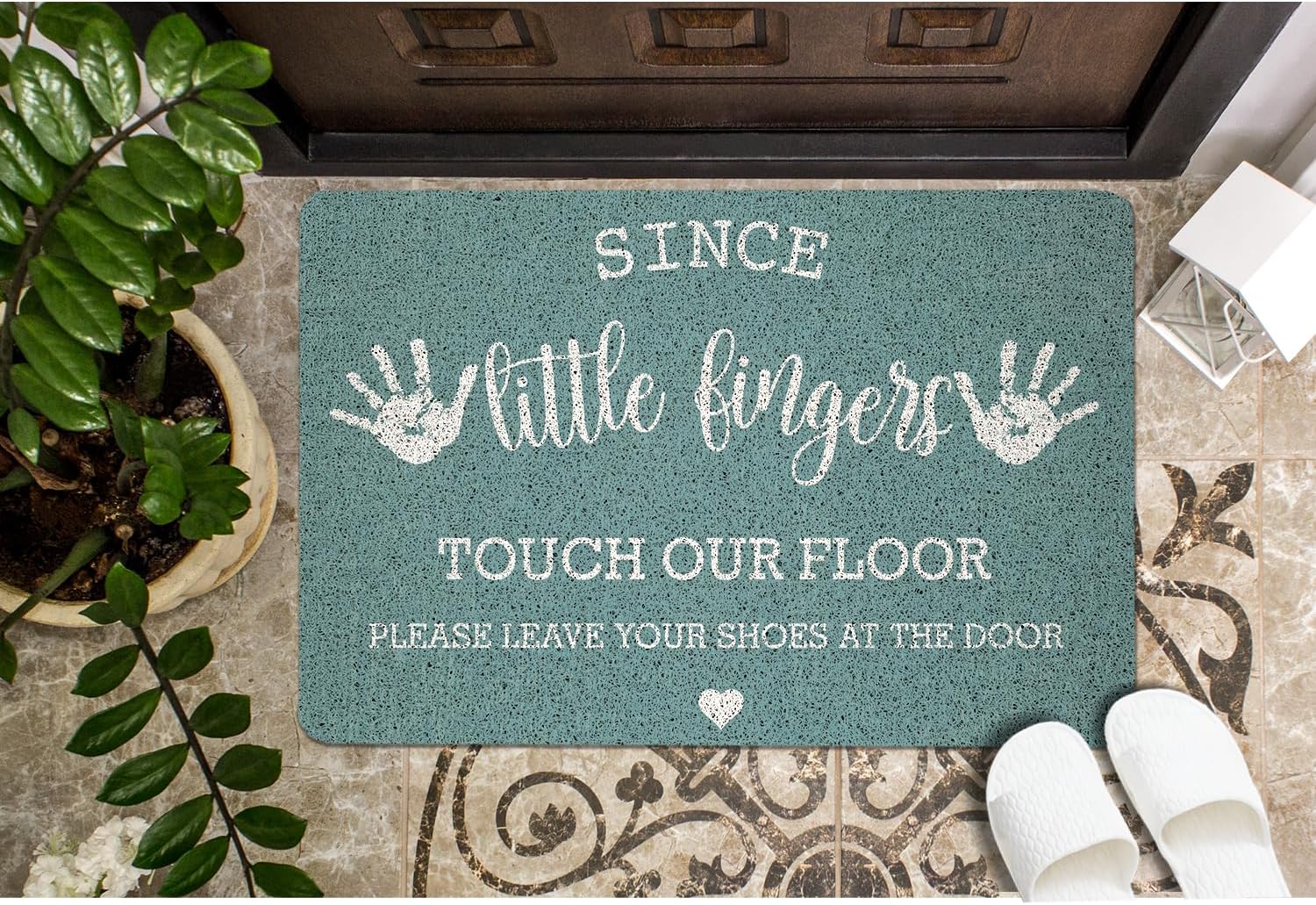 Welcome Door Mat Doormat,Please Remove Your Shoes Doormat,Since Little Fingers Touch Our Floor Please Remove Your Shoes at The Door Mat for Front Door Home Entryway Porch,17"X30"，（Blue）
