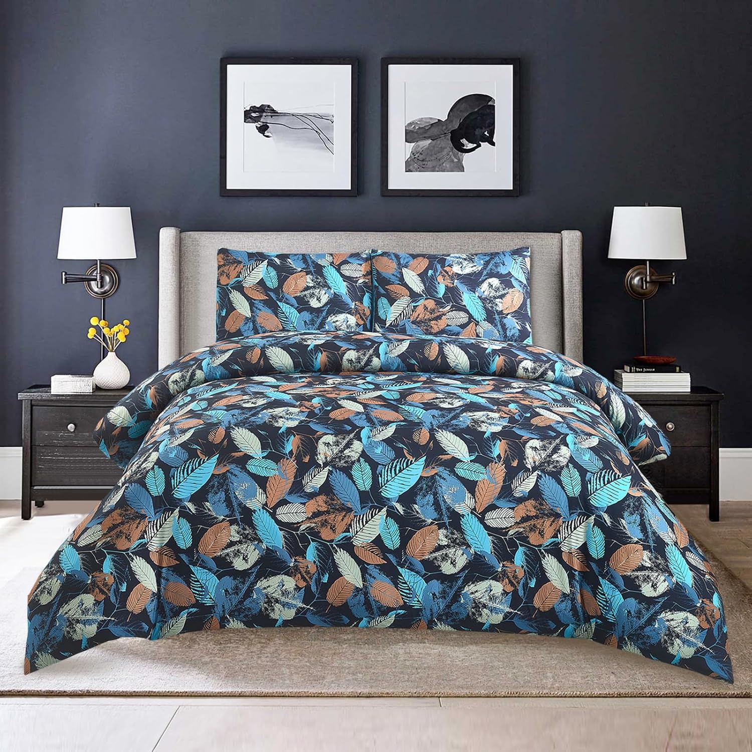 Style Quarters Duvet Cover King Size, 3 Pcs Floral Duvet Covers with Zipper Closure, 100% Polyester Bedding Set, Comforter Cover with Gray Baroque Pattern Include 1 Duvet Cover and 2 Pillow Shams