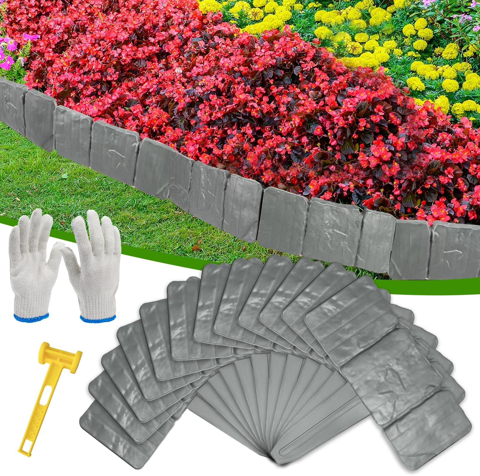 Garden Landscape Edging Borders No Dig, 12 Pcs Decorative Stone Flower Bed Edging Borders, Imitation Stone Effect Lawn Edging for Landscaping, Plastic Fencing Lawn Border for DIY Outdoor Yard