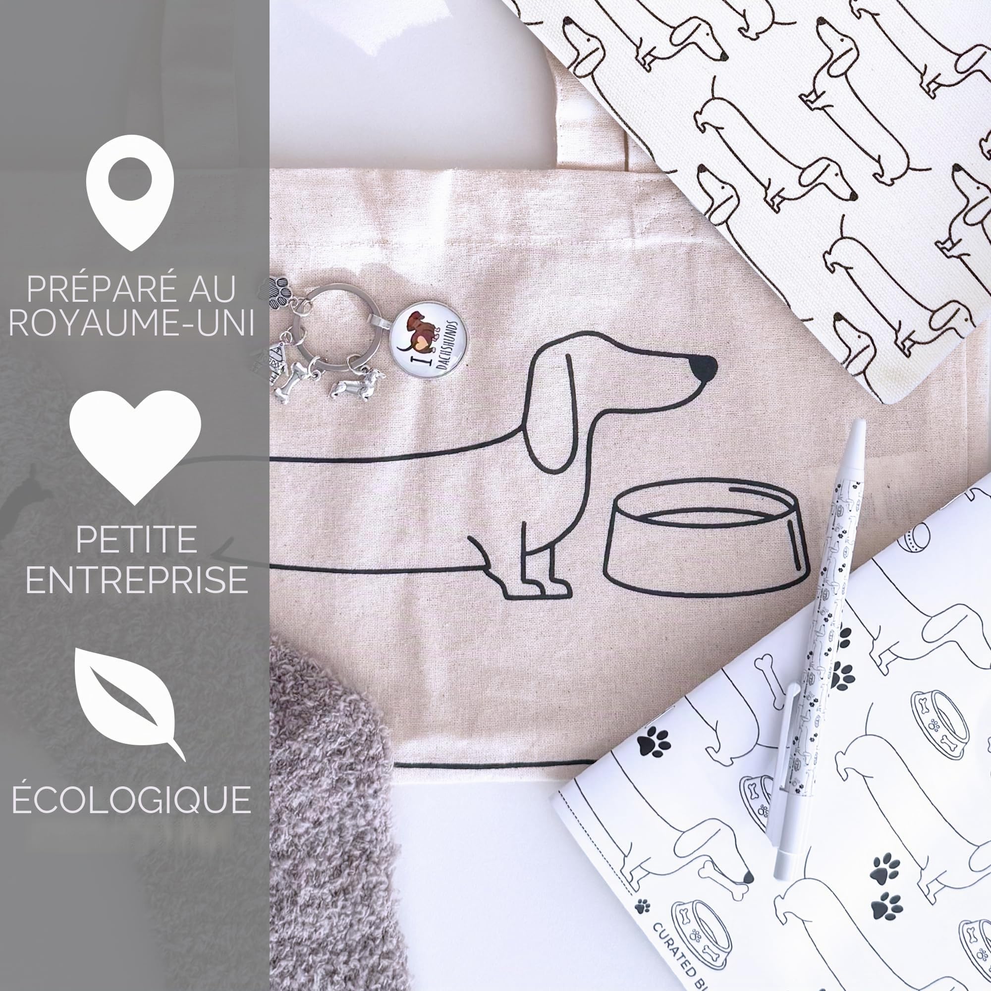 Coffret cadeau teckel pour homme et femme – Panier cadeau en forme de chien saucisse. Livré avec chaussettes, bloc-notes et stylo, porte-clés, trousse de maquillage, sac fourre-tout