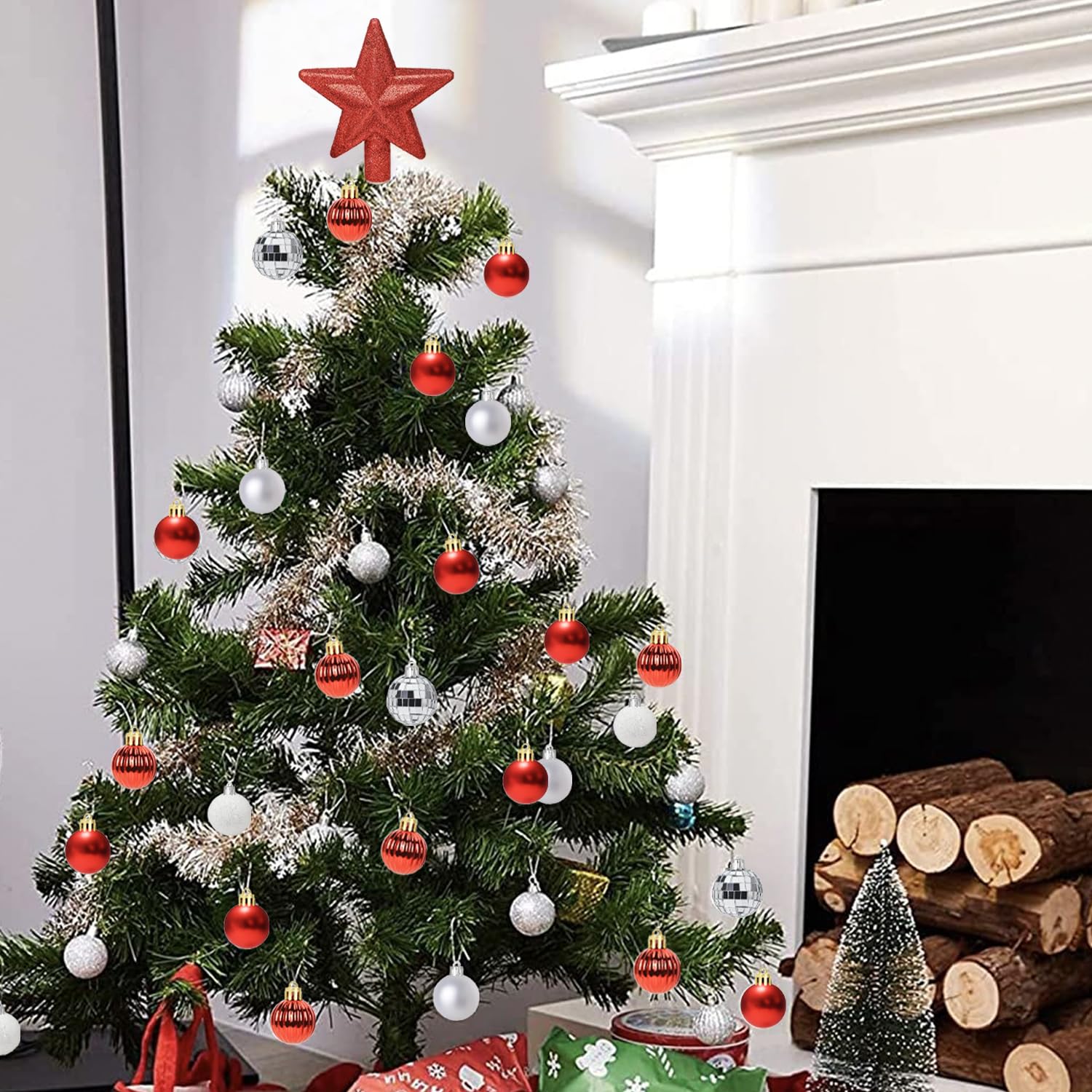 30 Stück Mini Weihnachtskugeln mit Aufhänger,3CM Klein Christbaumkugeln Rot & Weiß Kugeln Mini Weihnachtsbaum Tisch-Weihnachtsbaum Dekorationsset