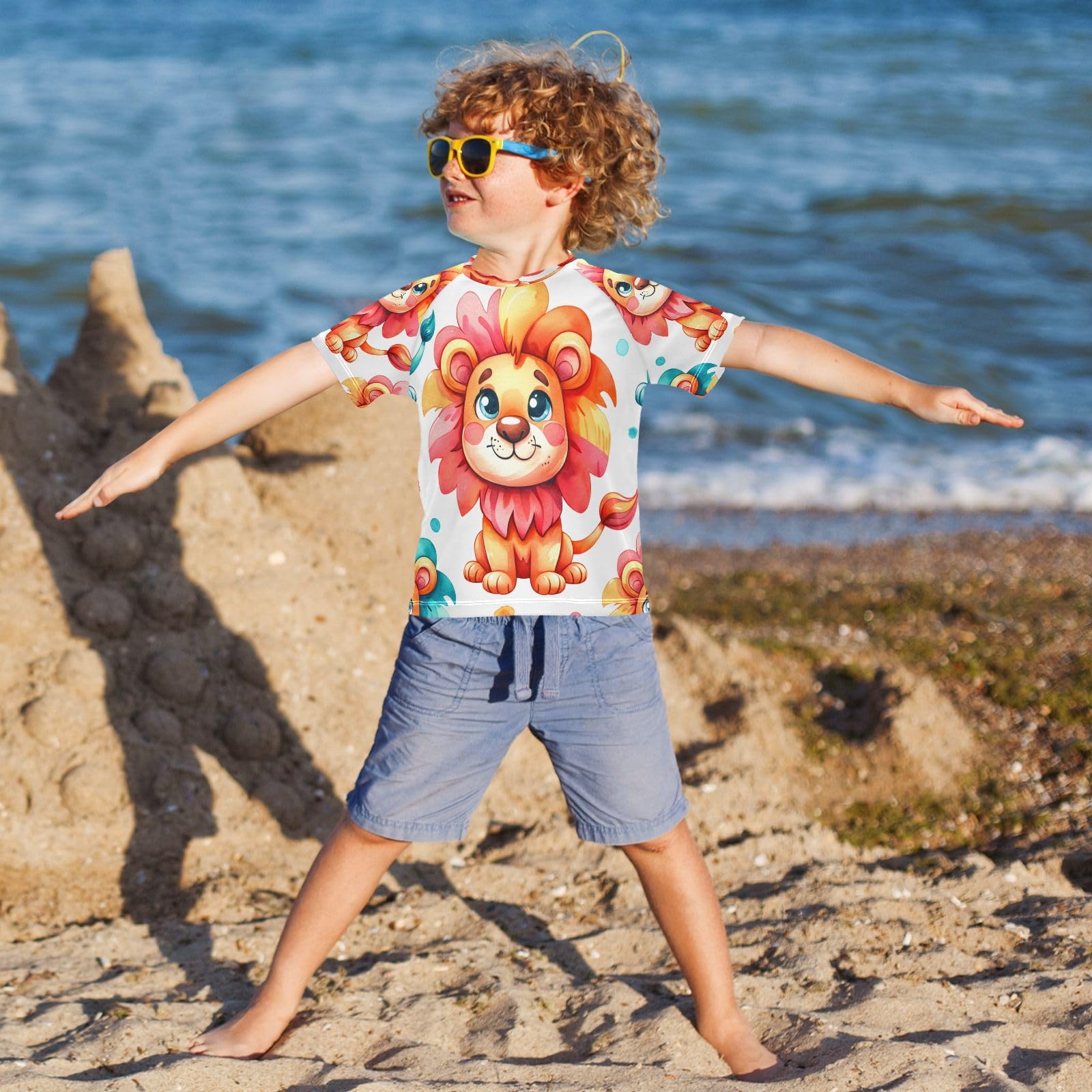 MNSRUU Toddler Boy Rash Guard Short Sleeve Swim Shirt Lion Print Rashguard 3T Beach Shirts Quick Dry,38
