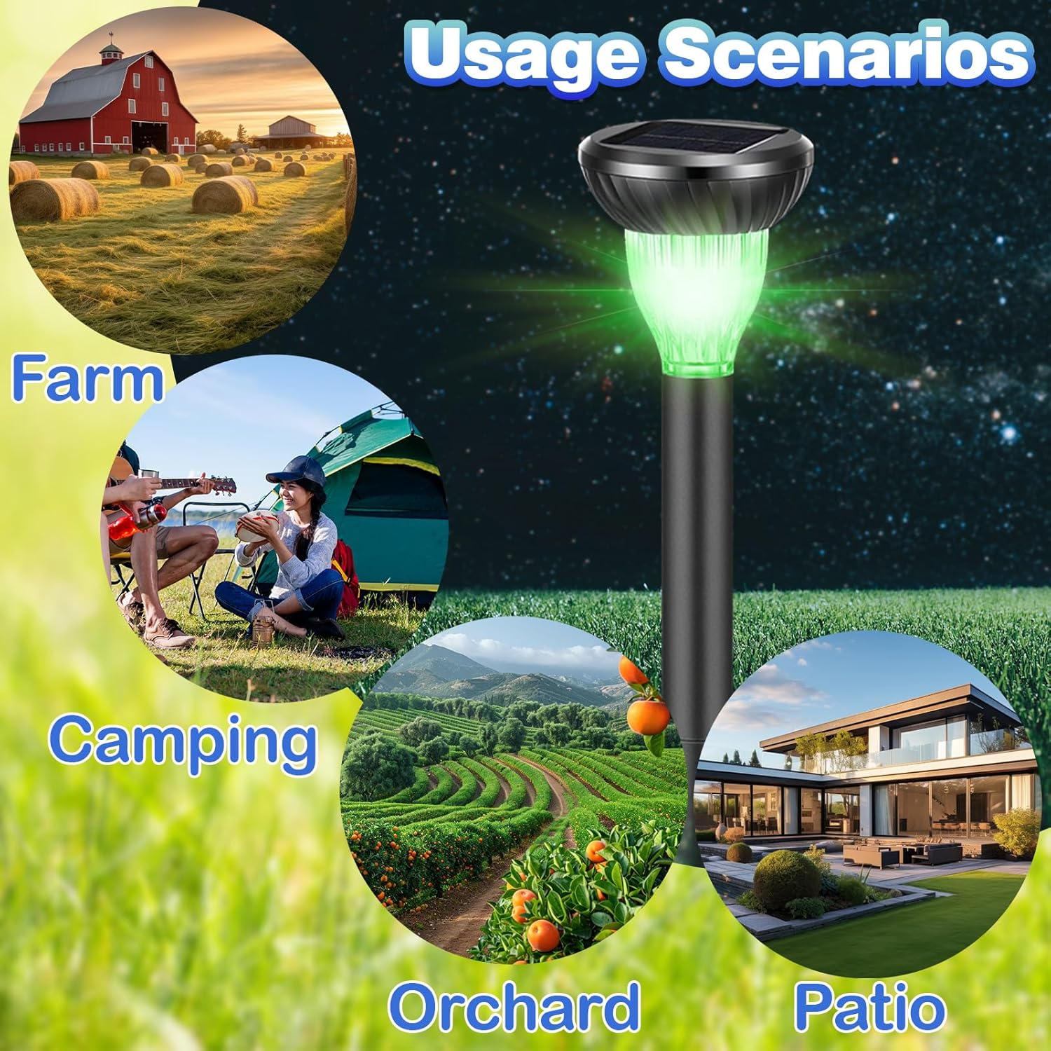 6 Pack Solar Ultrasonic Animal Repellent with RGB Color-Changing Lights, 360° Sonic Pest Deterrent for Outdoor Lawn & Garden, Solar Powered Mole, Gopher & Snake Repellent Stakes