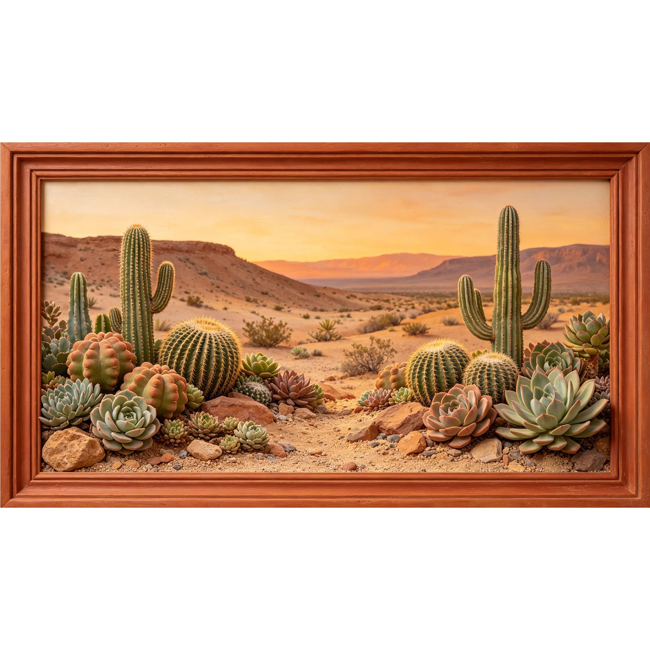 QZLITHOTIC 50×100cm 3D Framed Wall Art， Desert Cactus Succulent Landscape Self?Adhesive Mural， Water?Activated Peel & Stick Fabric Decor Wall Decal for Bedroom Living Room
