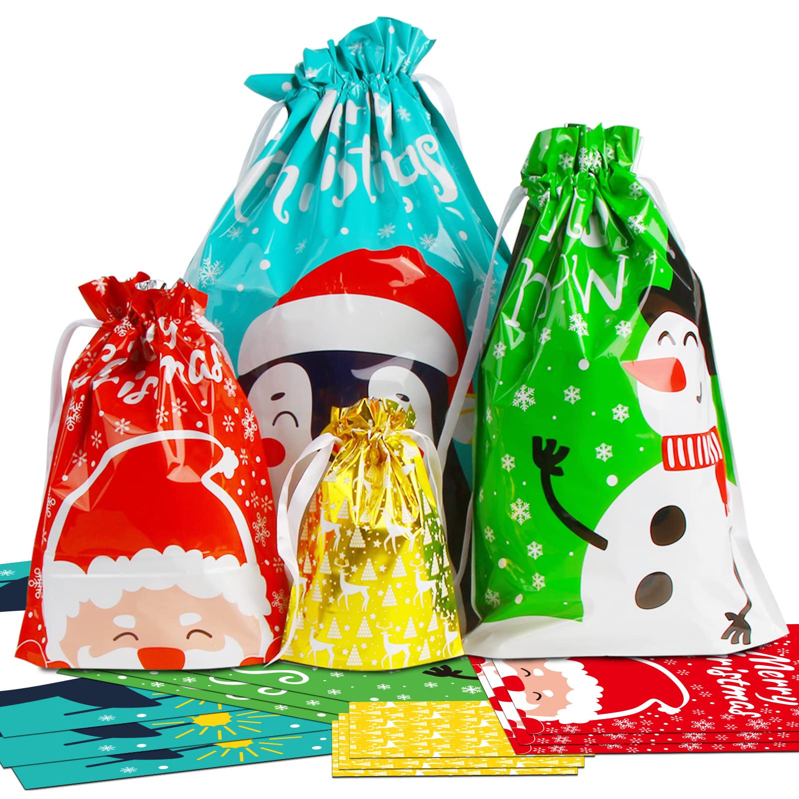 LOKIPA 30PCS Christmas Drawstring Gift Bags, 4 Styles Christmas Wrapping Gift Bags Large Drawstring Christmas Bags for Xmas Presents Party Favor