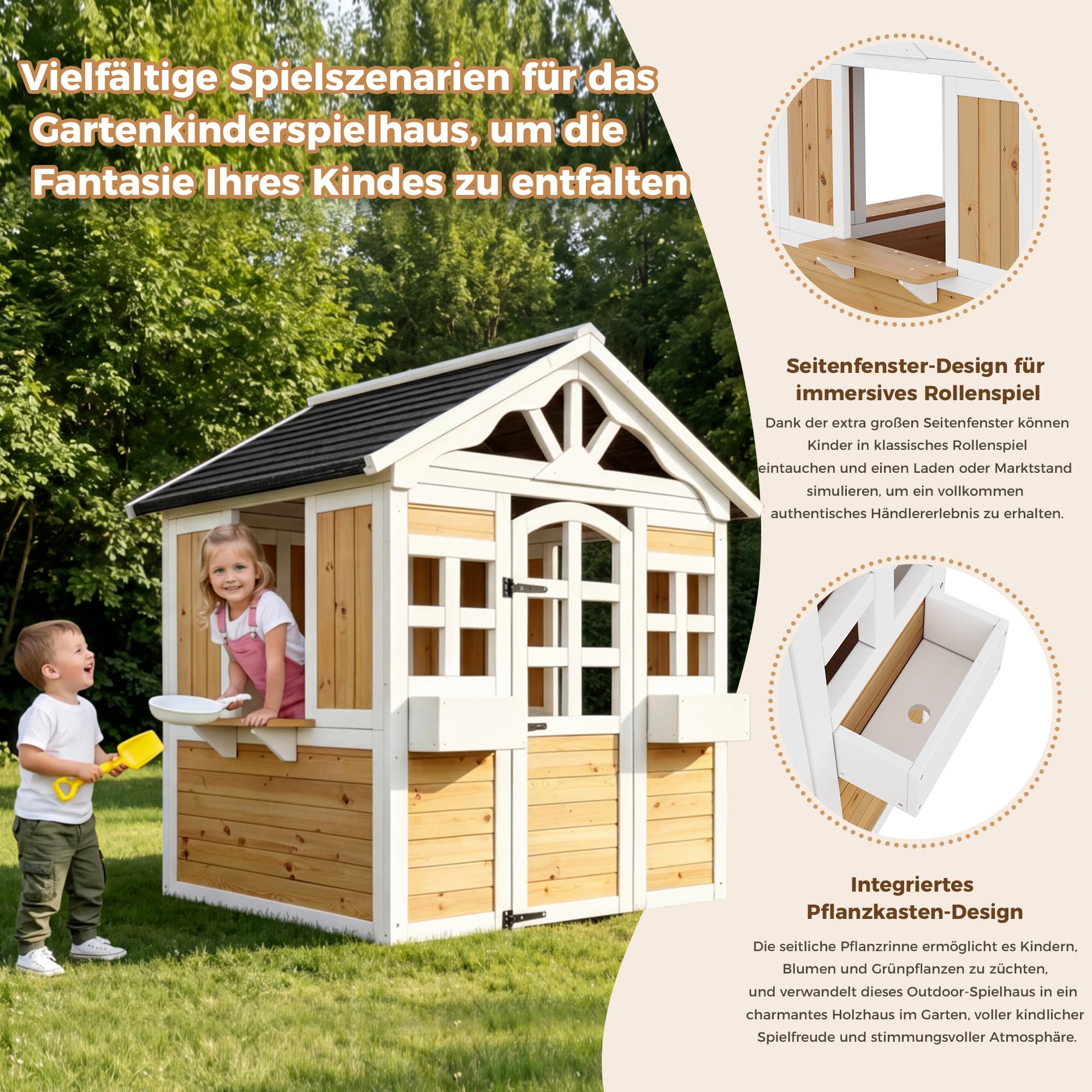 Garten Kinderspielhaus, Spielhaus Kinder Outdoor, Baumhaus Kinder Outdoor,Kinder-Holzhaus mit Türen und Fenstern, Massivholz-Kinderspielhaus für Außen, wetterfestes Außen-Spielhaus, 113 x 100 x 132 cm